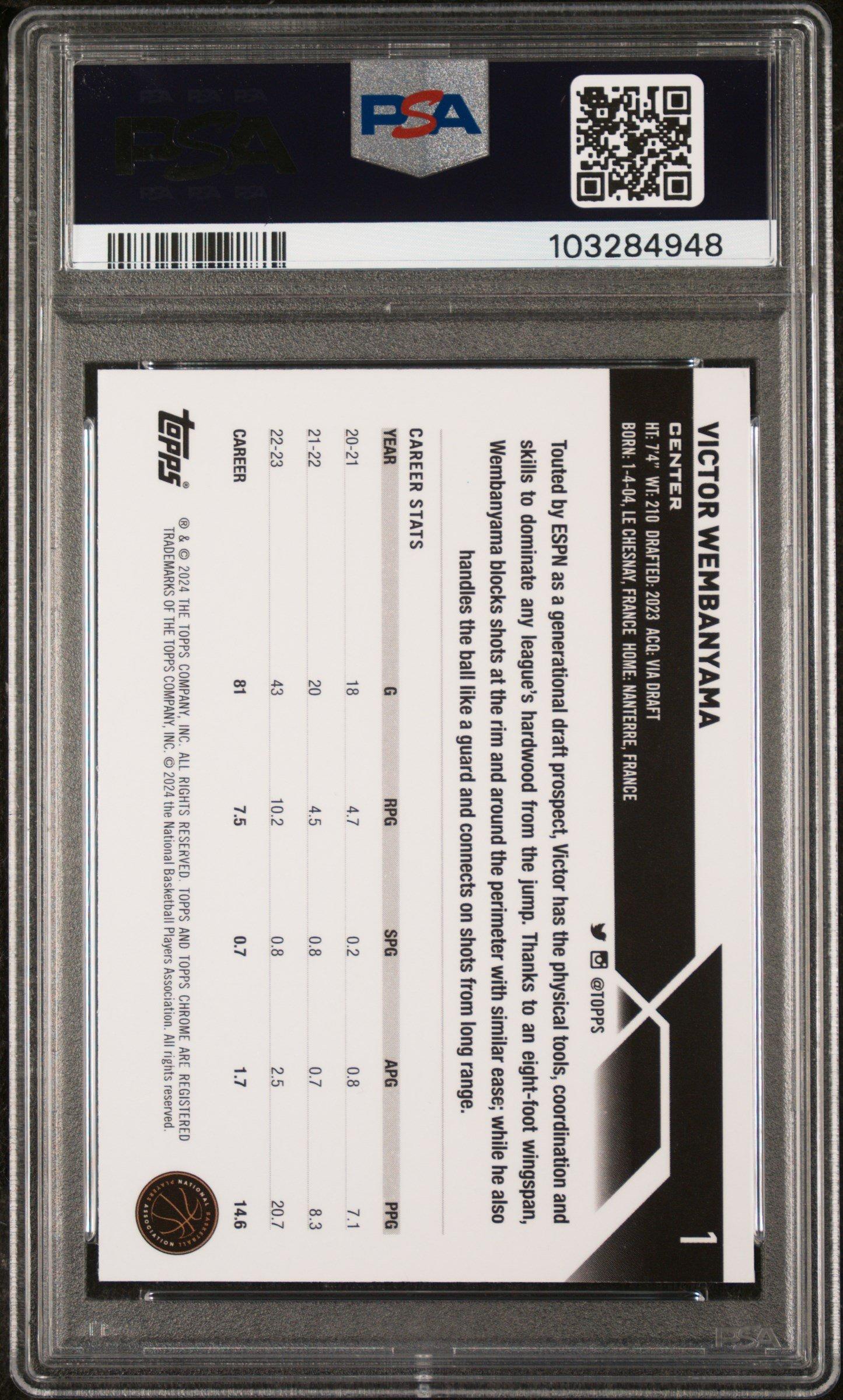 2023 Topps Chrome 1 Victor Wembanyama Purple Refractor PSA 10