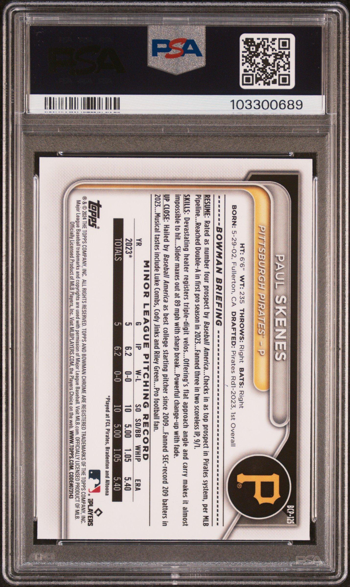 2024 Bowman Chrome Prospects Bcp125 Paul Skenes Lunar Glow Refractor PSA