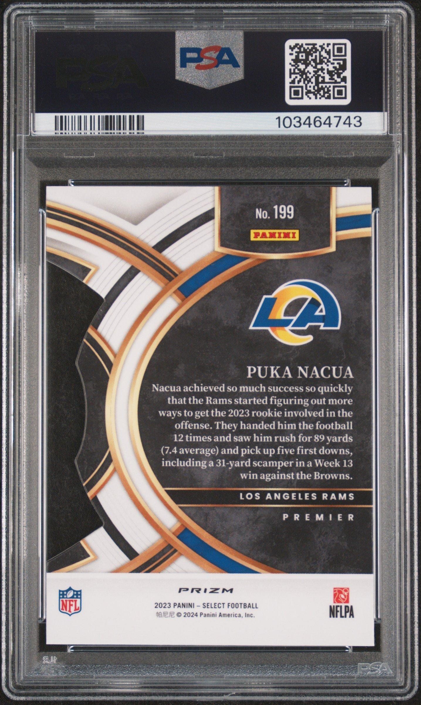 2023 Panini Select 199 Puka Nacua Die-cut Zebra Prizm PSA 10