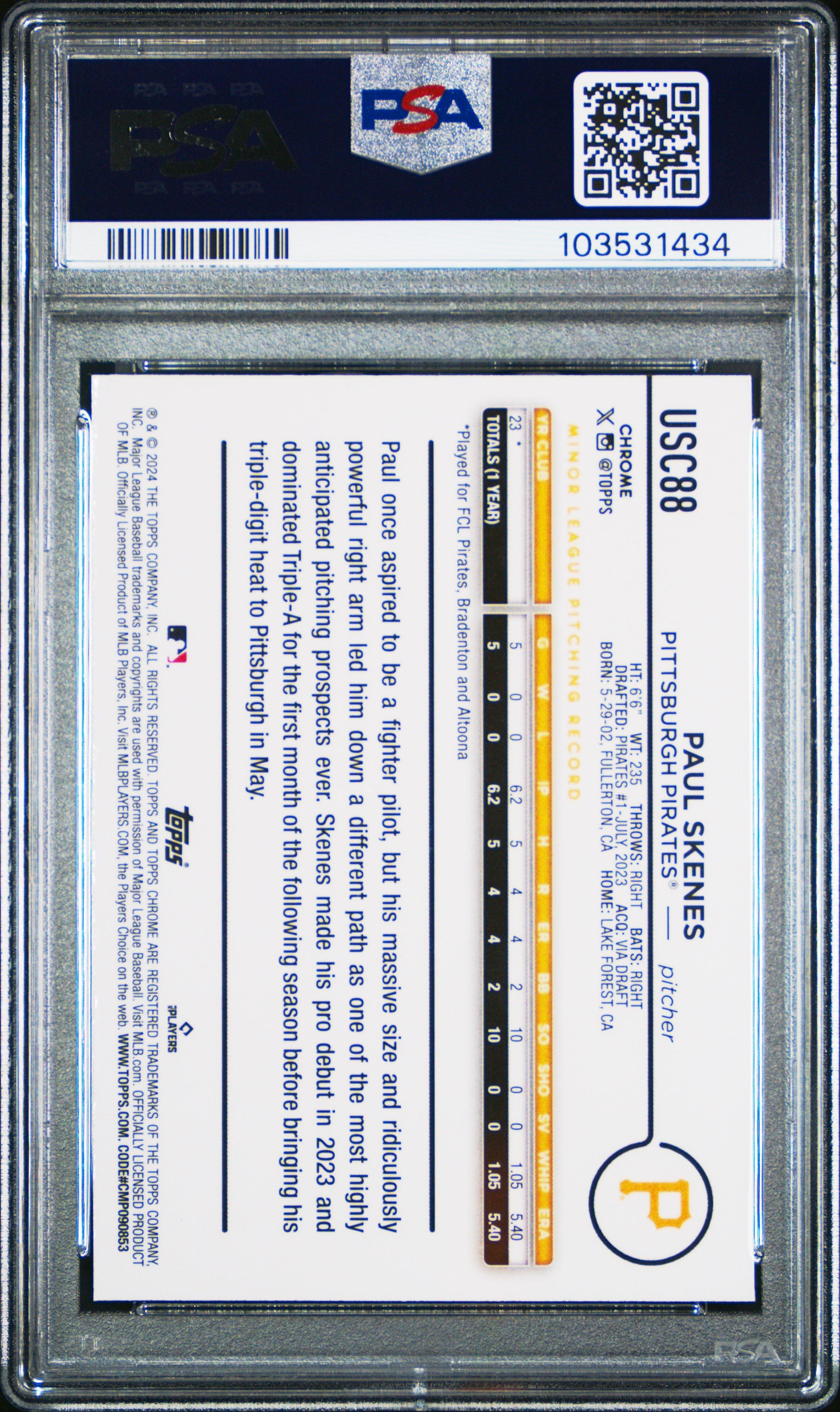 2024 Topps Chrome Update Usc88 Paul Skenes Sp PSA 9