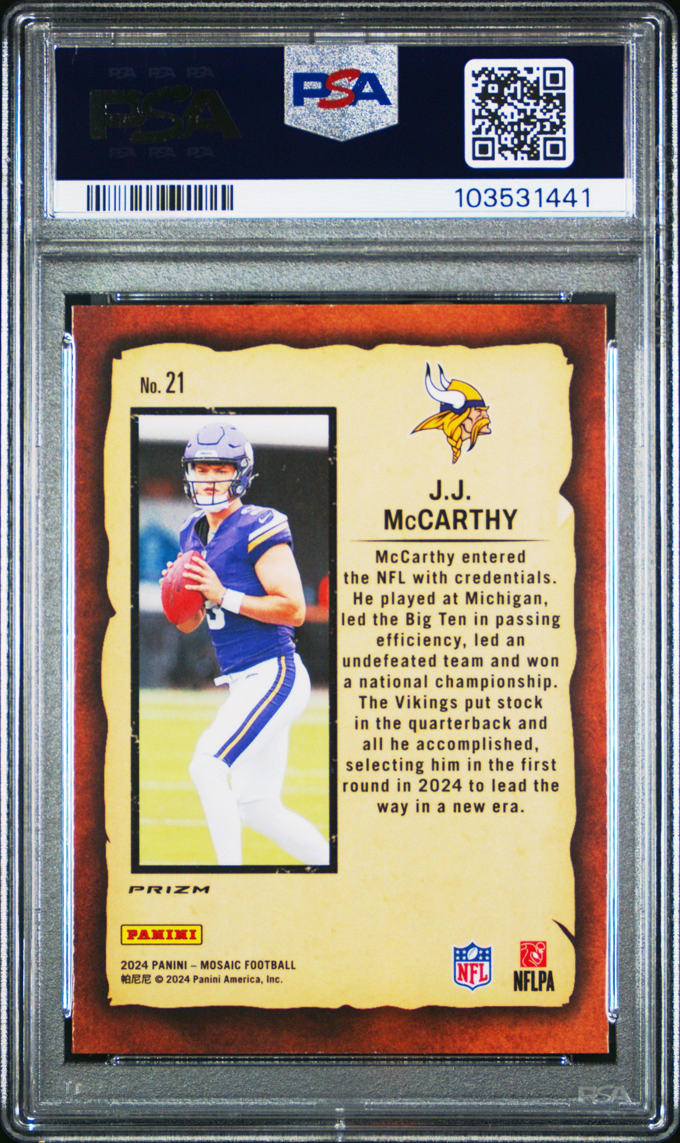 2024 Panini Mosaic Notoriety 21 Jj Mccarthy PSA 10