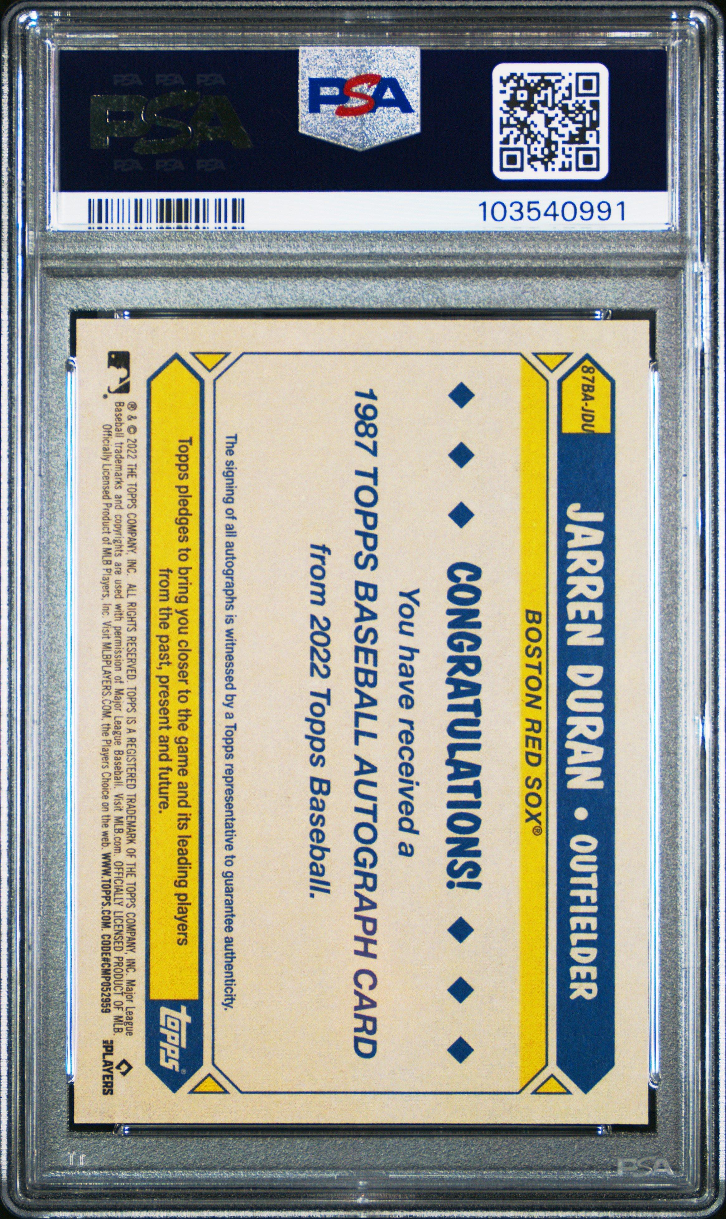 2022 Topps 1987 Topps Baseball Autographs 87bajdu Jarren Duran Series 2 PSA 10