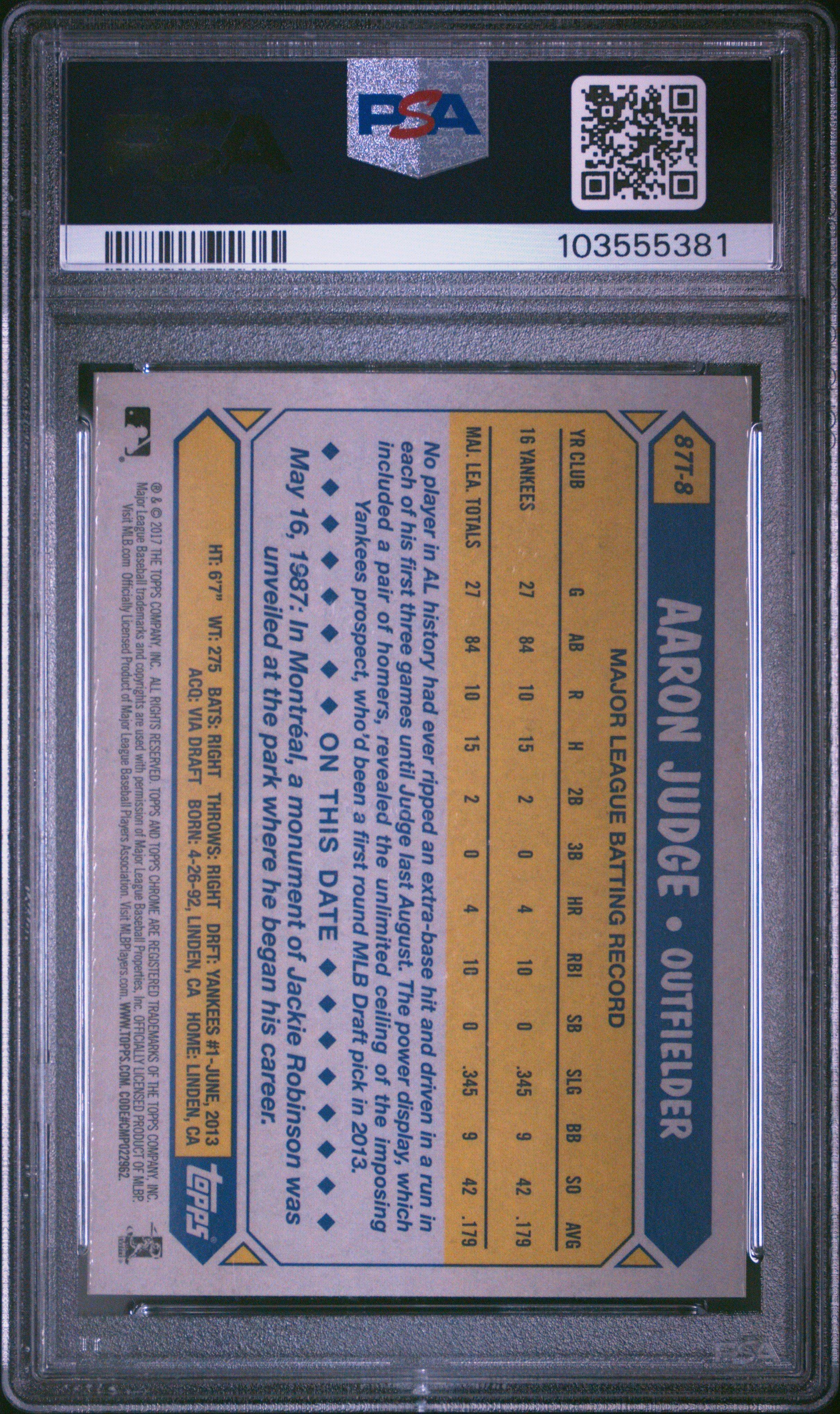 2017 Topps Chrome 1987 Topps 87t8 Aaron Judge PSA