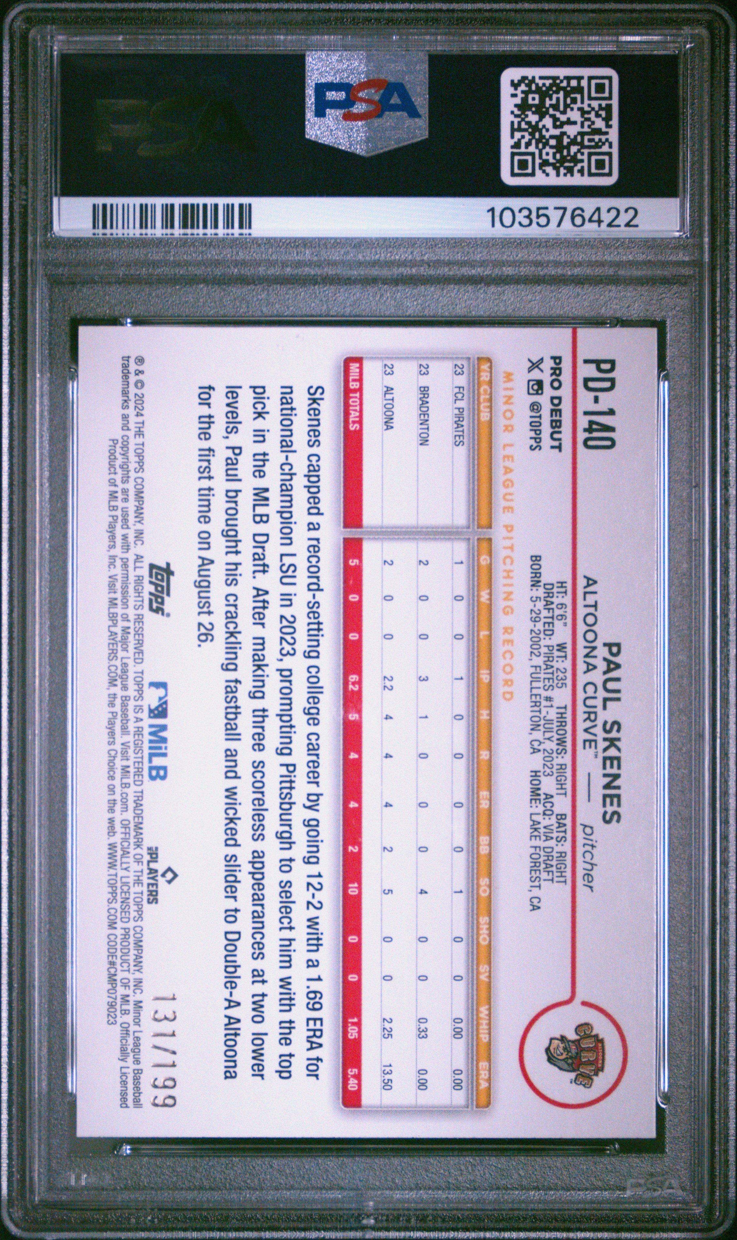 2024 Topps Pro Debut Pd140 Paul Skenes Fuchsia Foil PSA 10