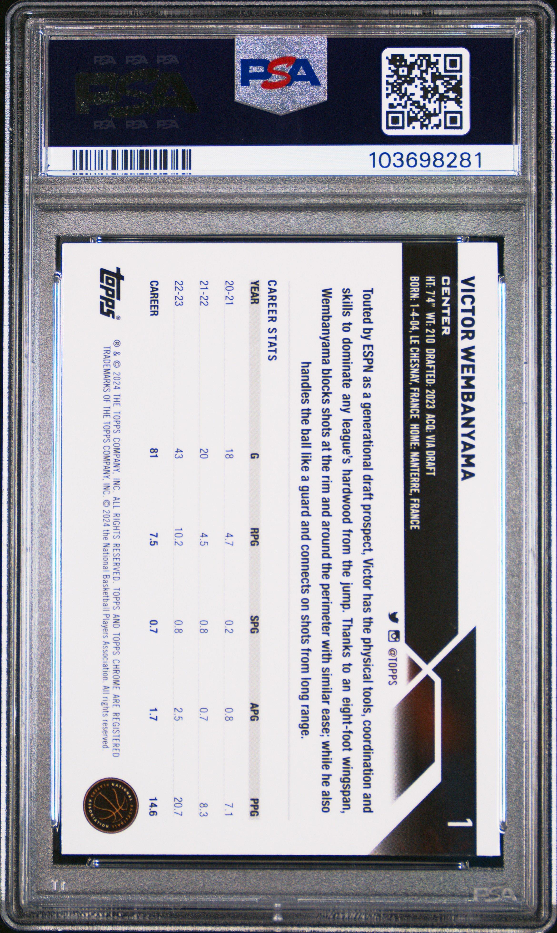 2023 Topps Chrome 1 Victor Wembanyama Blue Basketball Refractor PSA 8