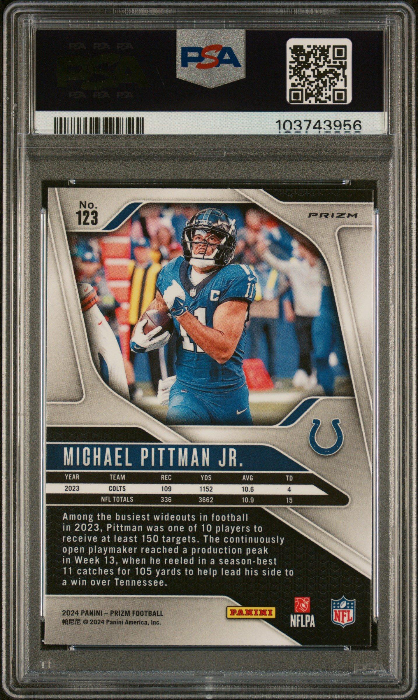 2024 Panini Prizm 123 Michael Pittman Jr. White Sparkle PSA 10