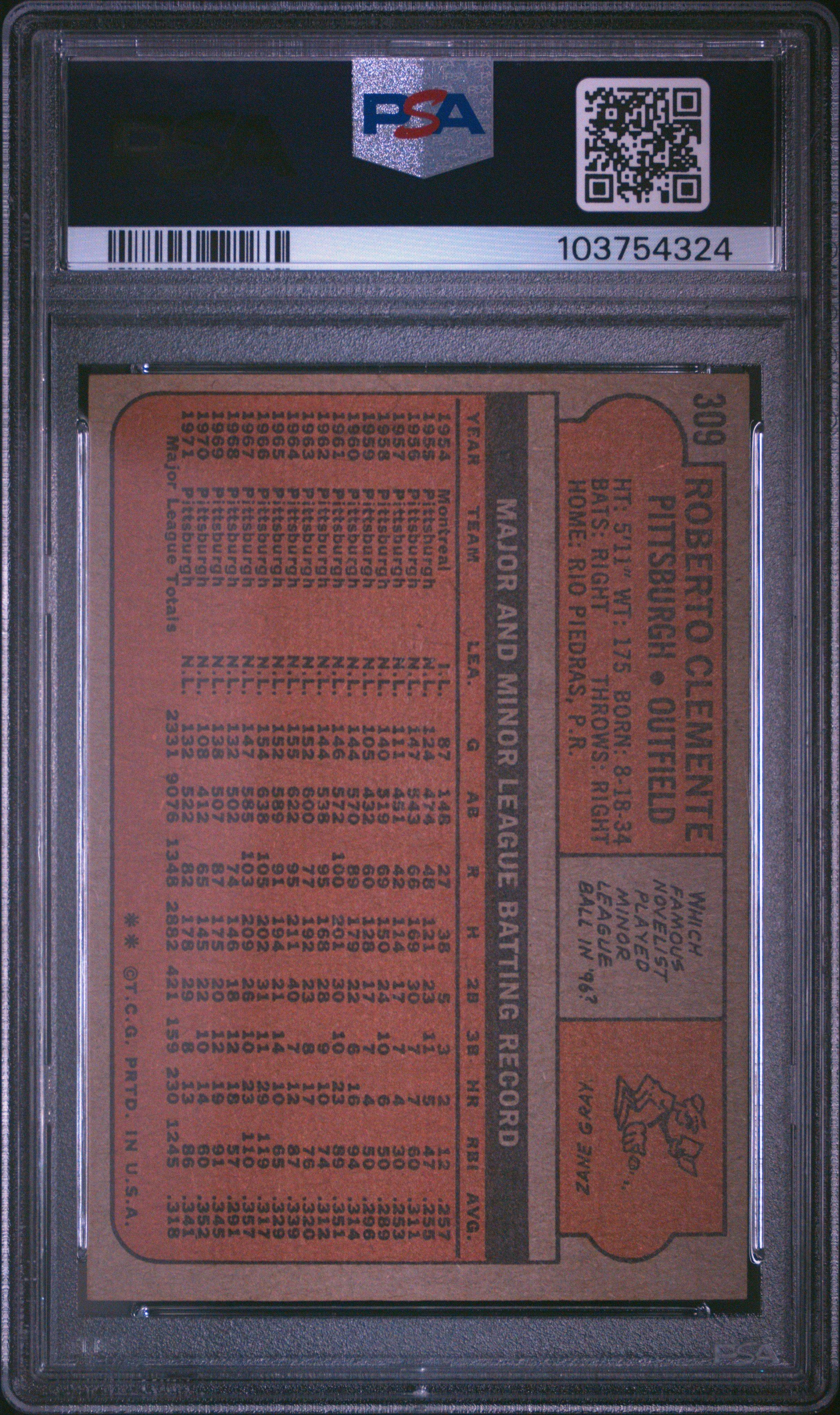 1972 Topps 309 Roberto Clemente PSA 8