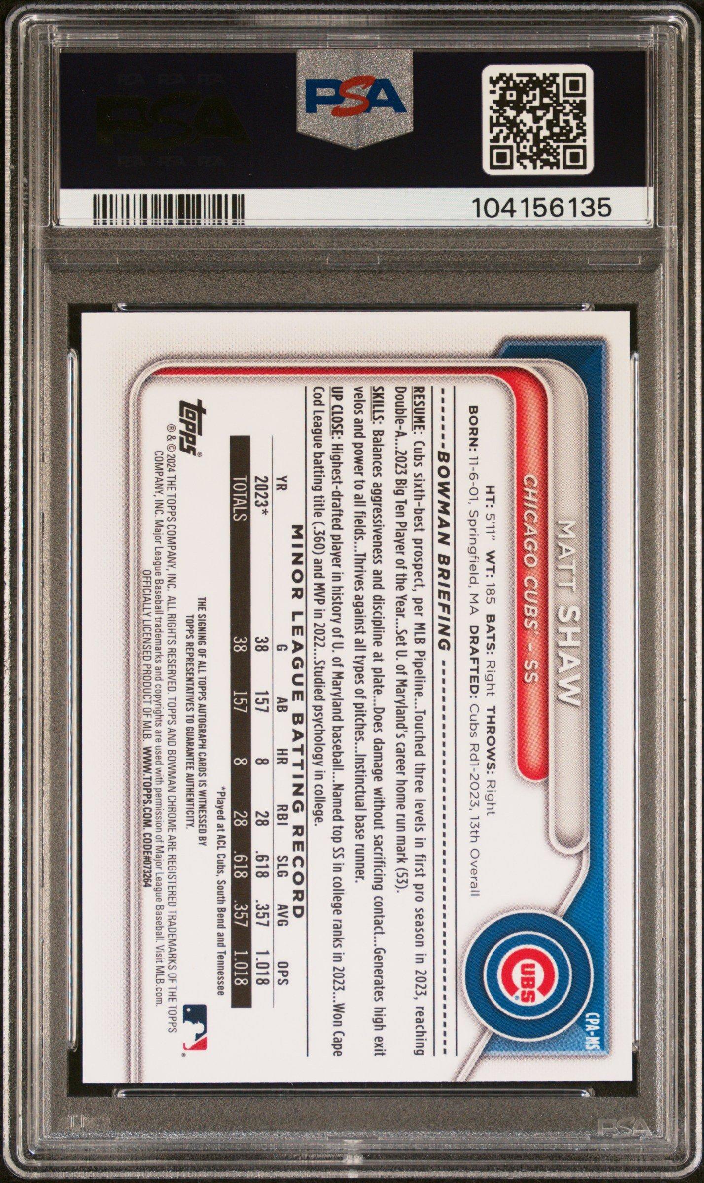 2024 Bowman Chrome Prospect Autographs Cpams Matt Shaw Blue Refractor PSA 10