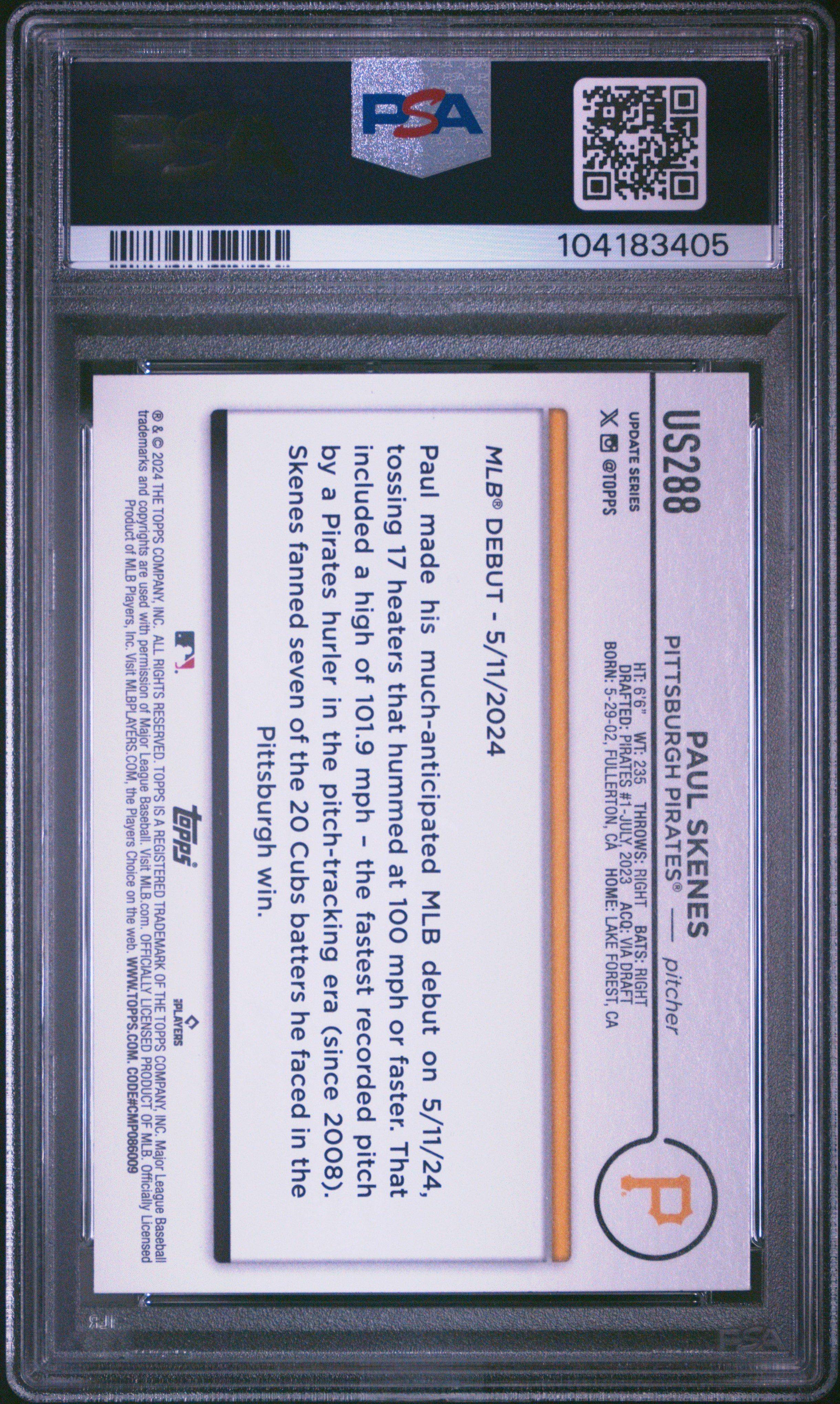 2024 Topps Update Us288 Paul Skenes PSA 10