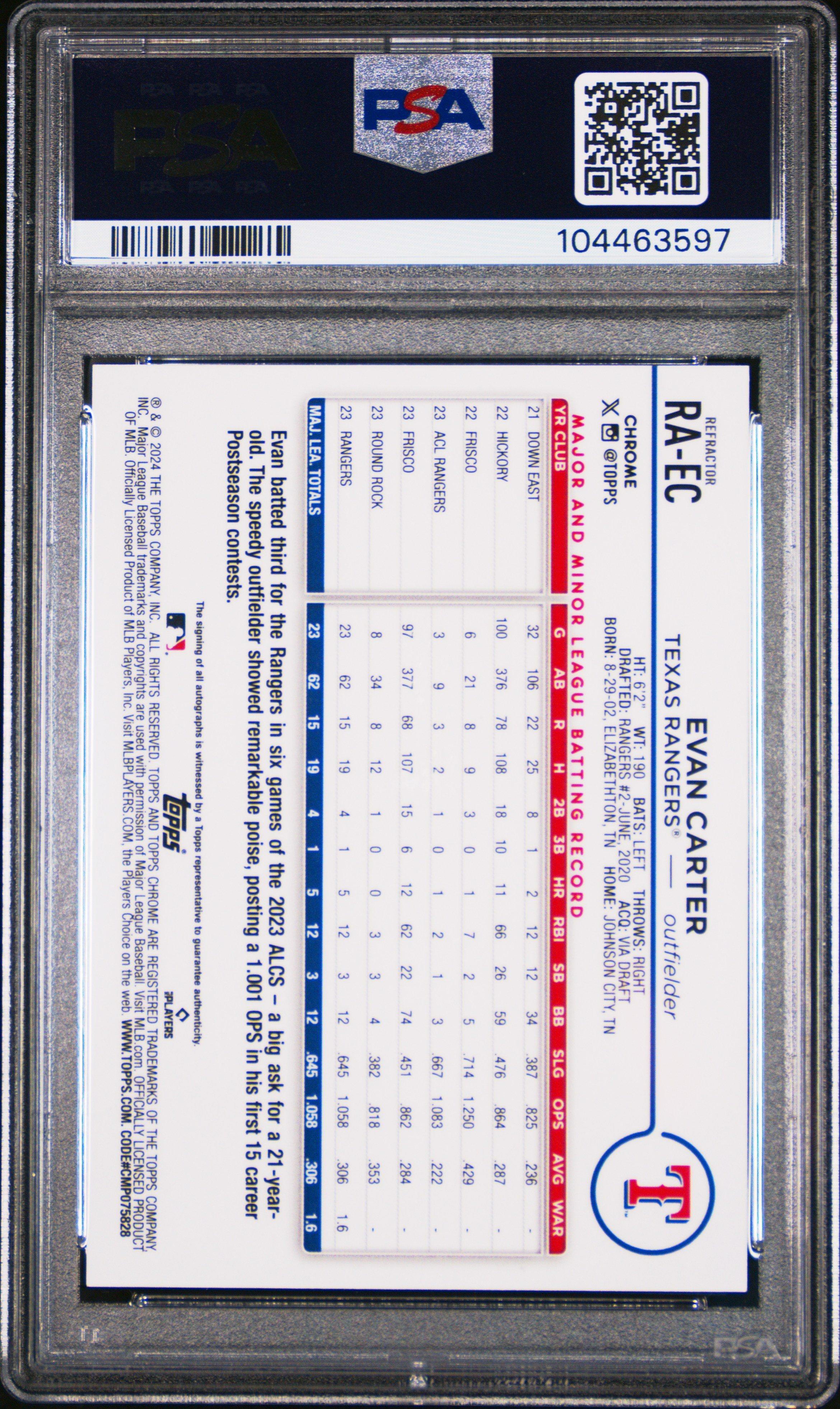 2024 Topps Chrome Rookie Autographs Raec Evan Carter Refractor PSA 10