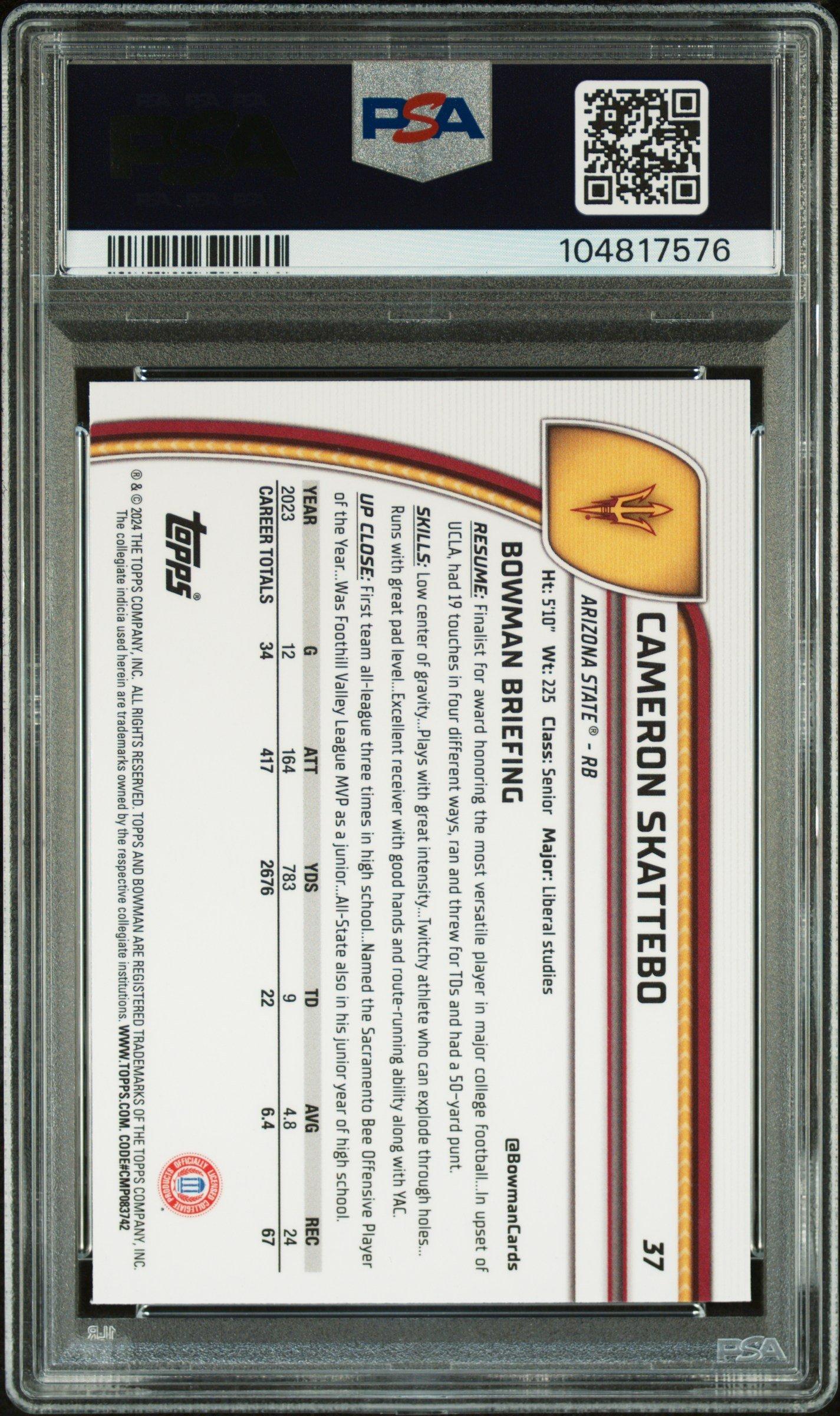 2024 Bowman University Chrome Sapphire 37 Cameron Skattebo PSA 10