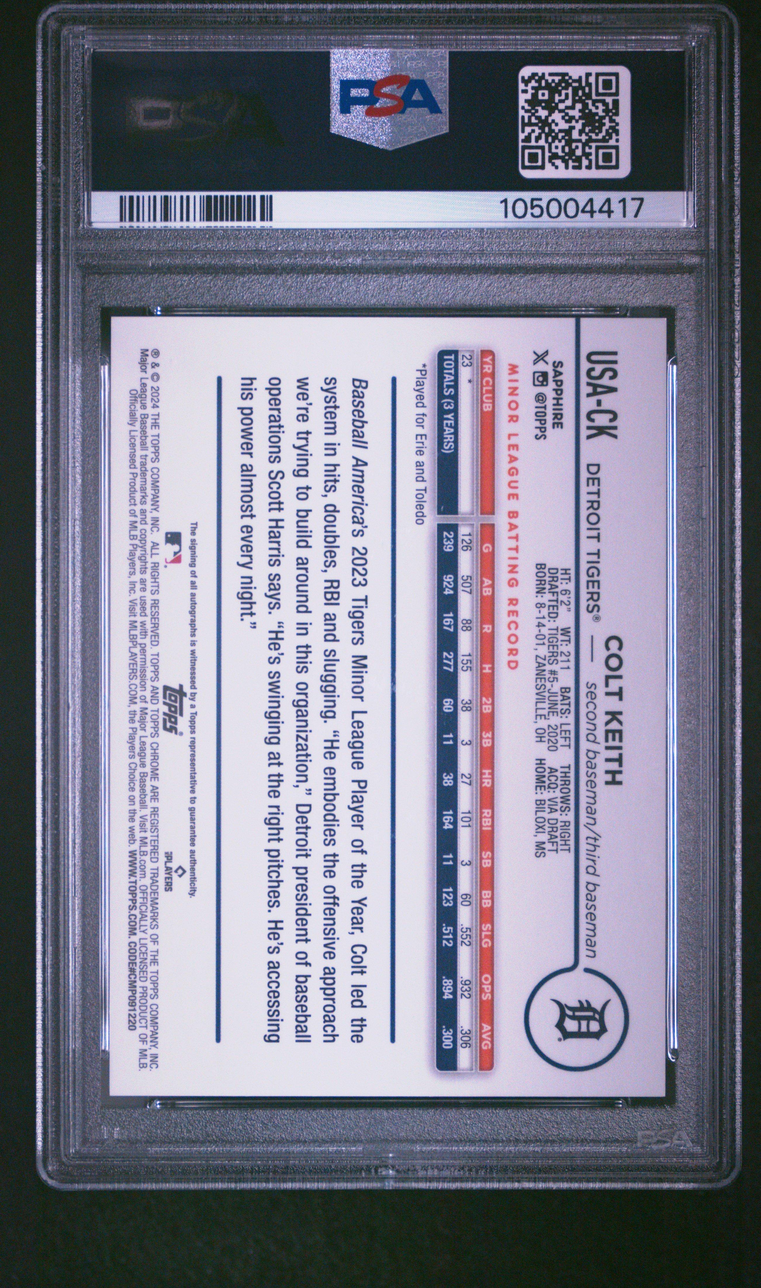 2024 Topps Chrome Sapphire Update Series Chrome Sapphire Autographs Ck Colt Keith PSA 10