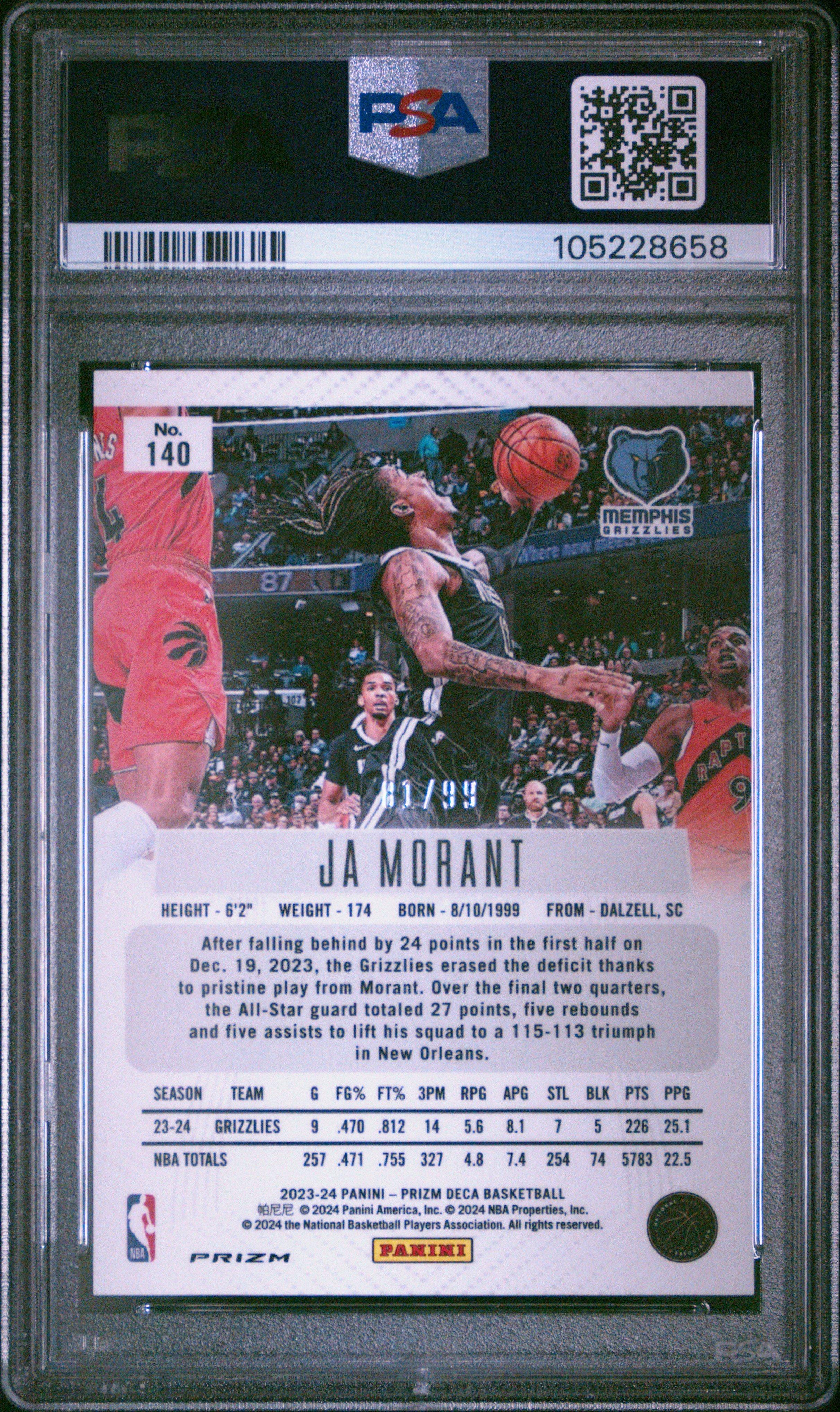 2023 Panini Prizm Deca 140 Ja Morant Purple Prizm PSA 10