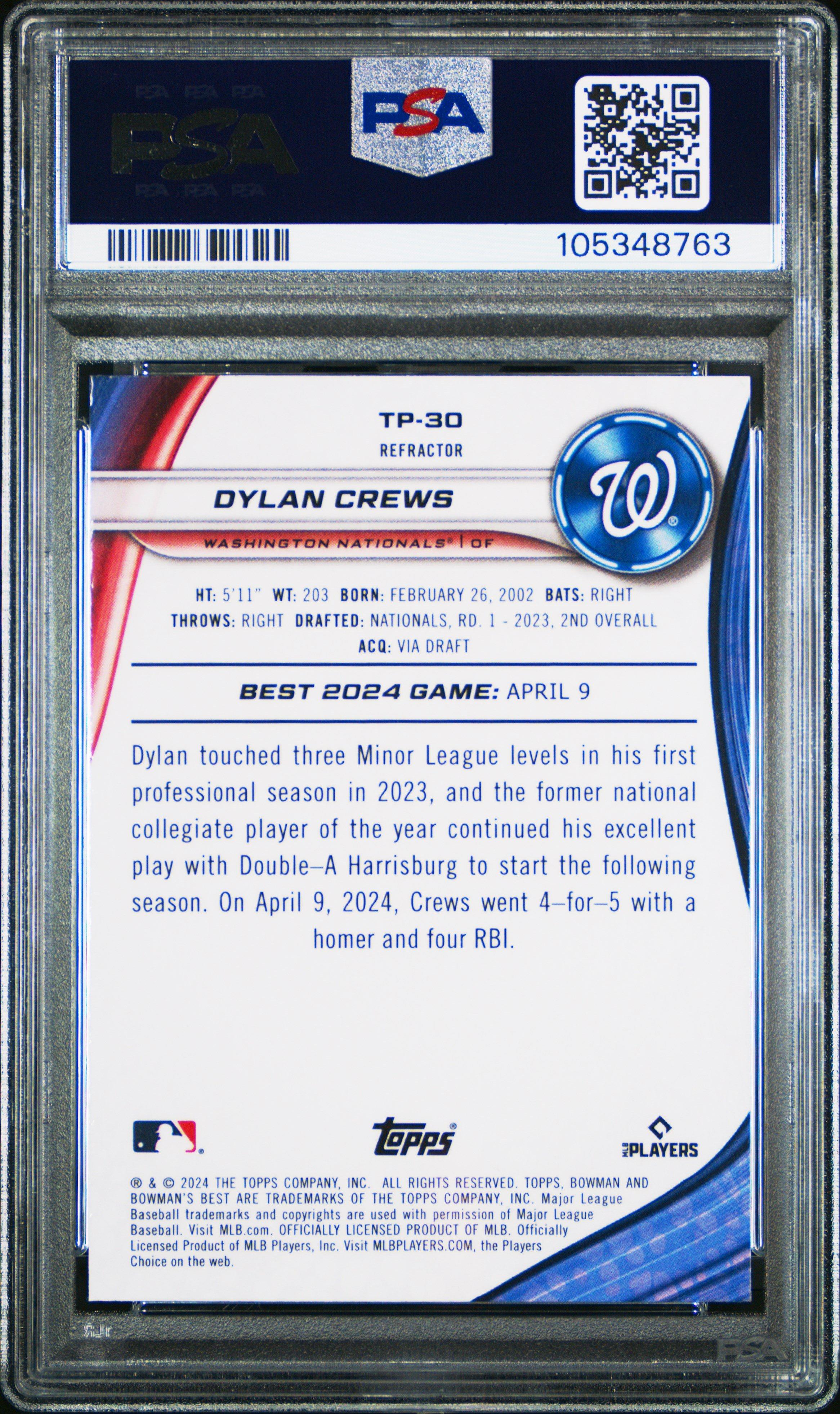 2024 Bowman's Best Top Prospects Tp30 Dylan Crews Refractor PSA 10