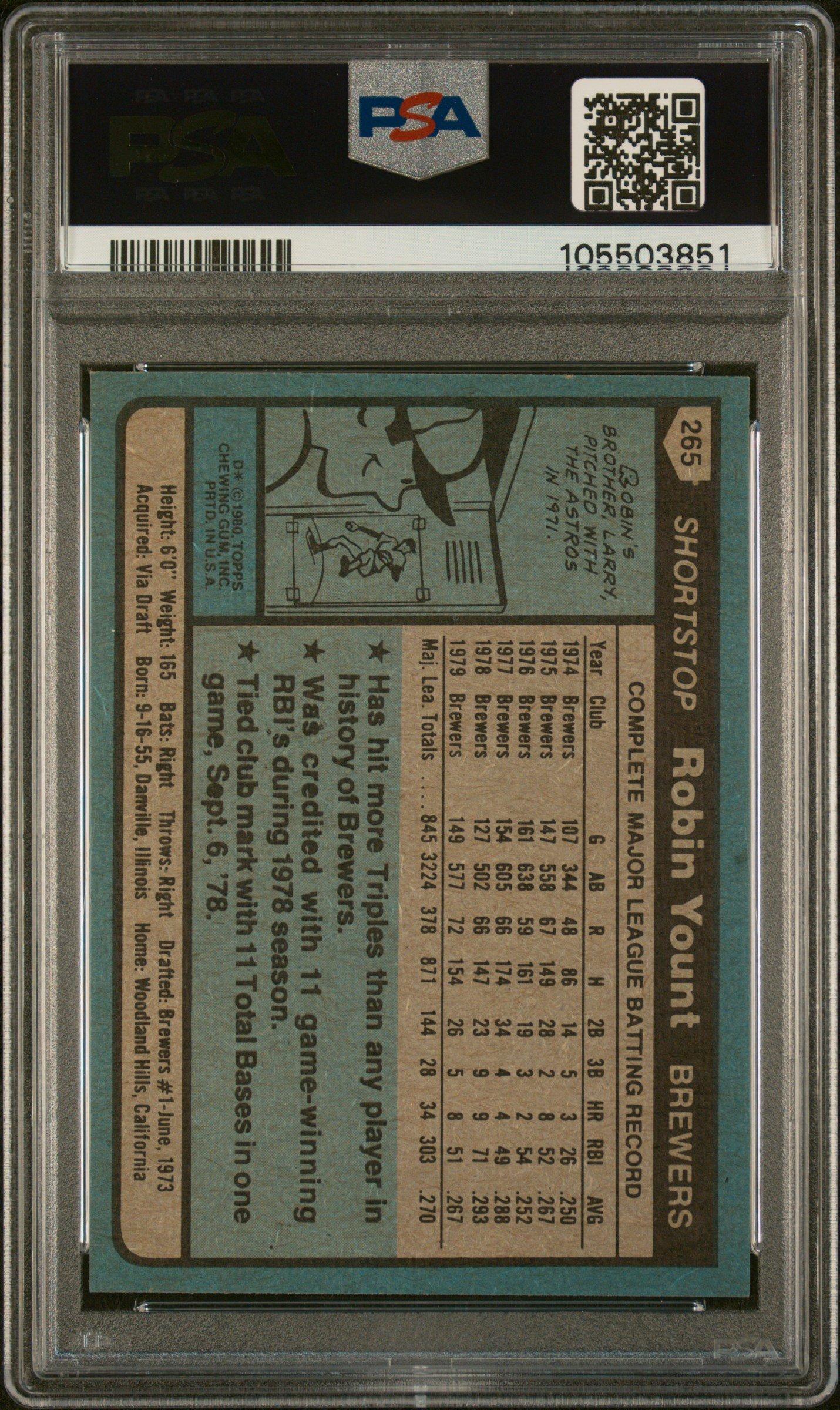 1980 Topps 265 Robin Yount PSA 10