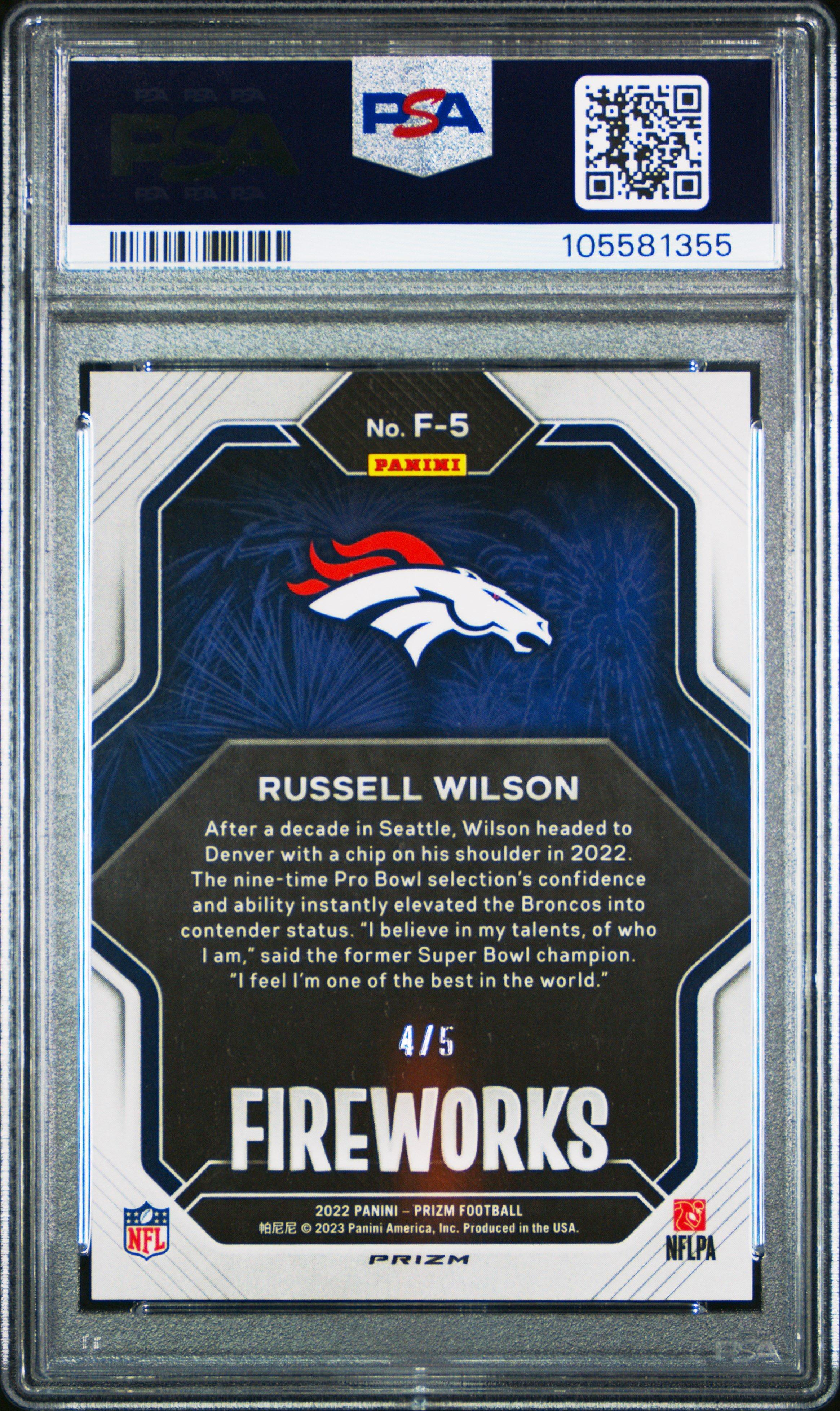 2022 Panini Prizm Fireworks F5 Russell Wilson Gold Vinyl PSA 10