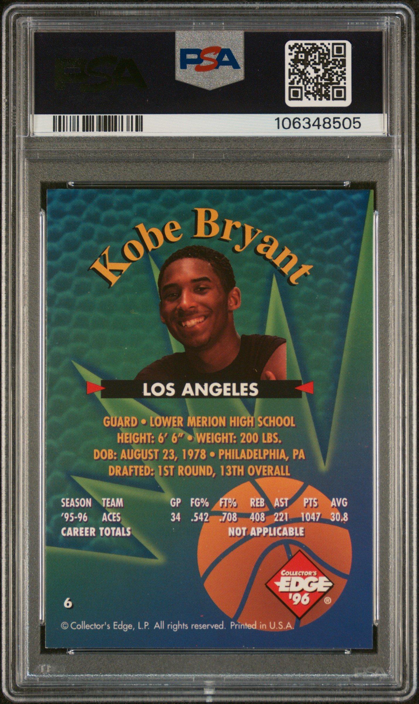 1996 Collector's Edge Rookie Rage 6 Kobe Bryant PSA