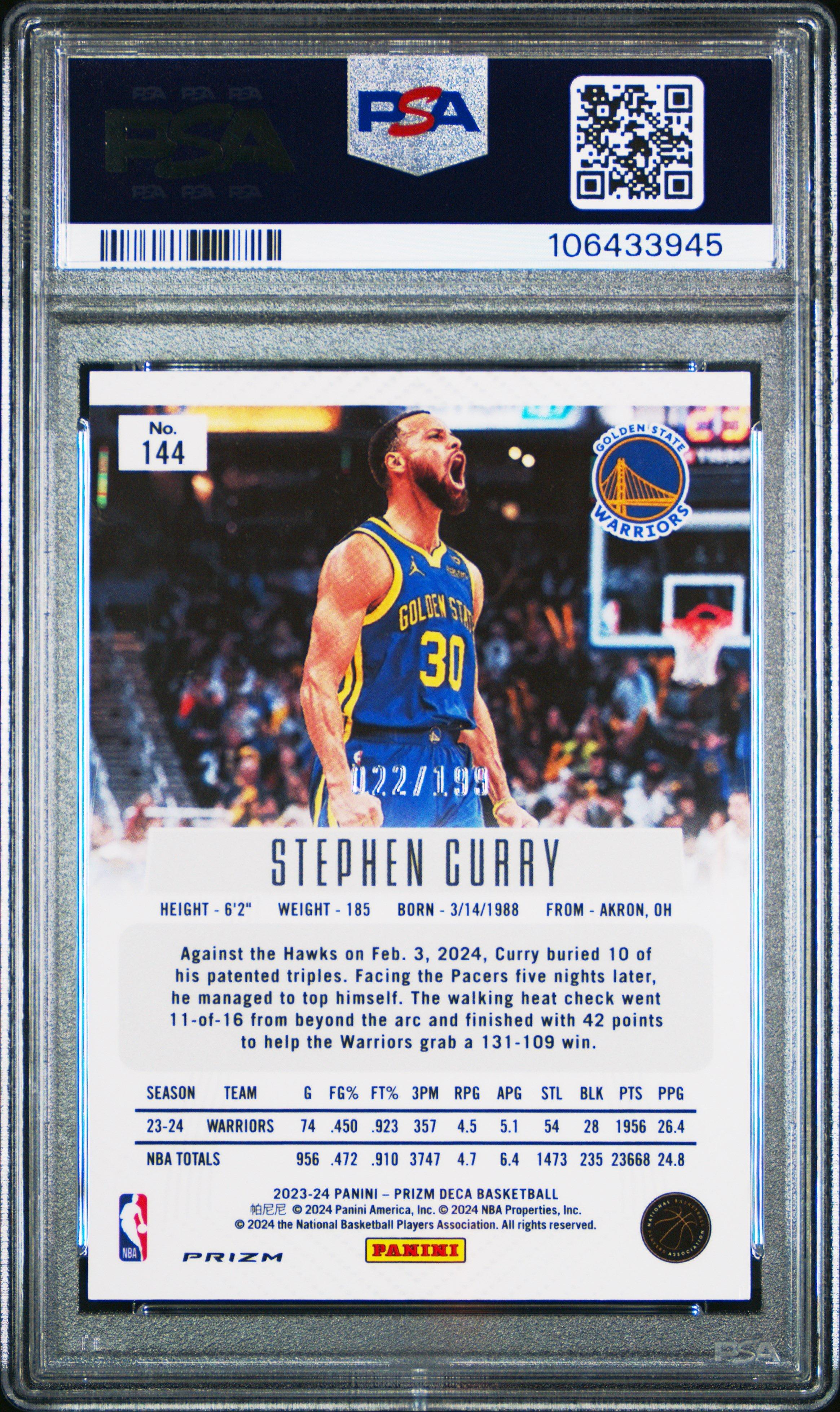 2023 Panini Prizm Deca 144 Stephen Curry Red Prizm PSA 9