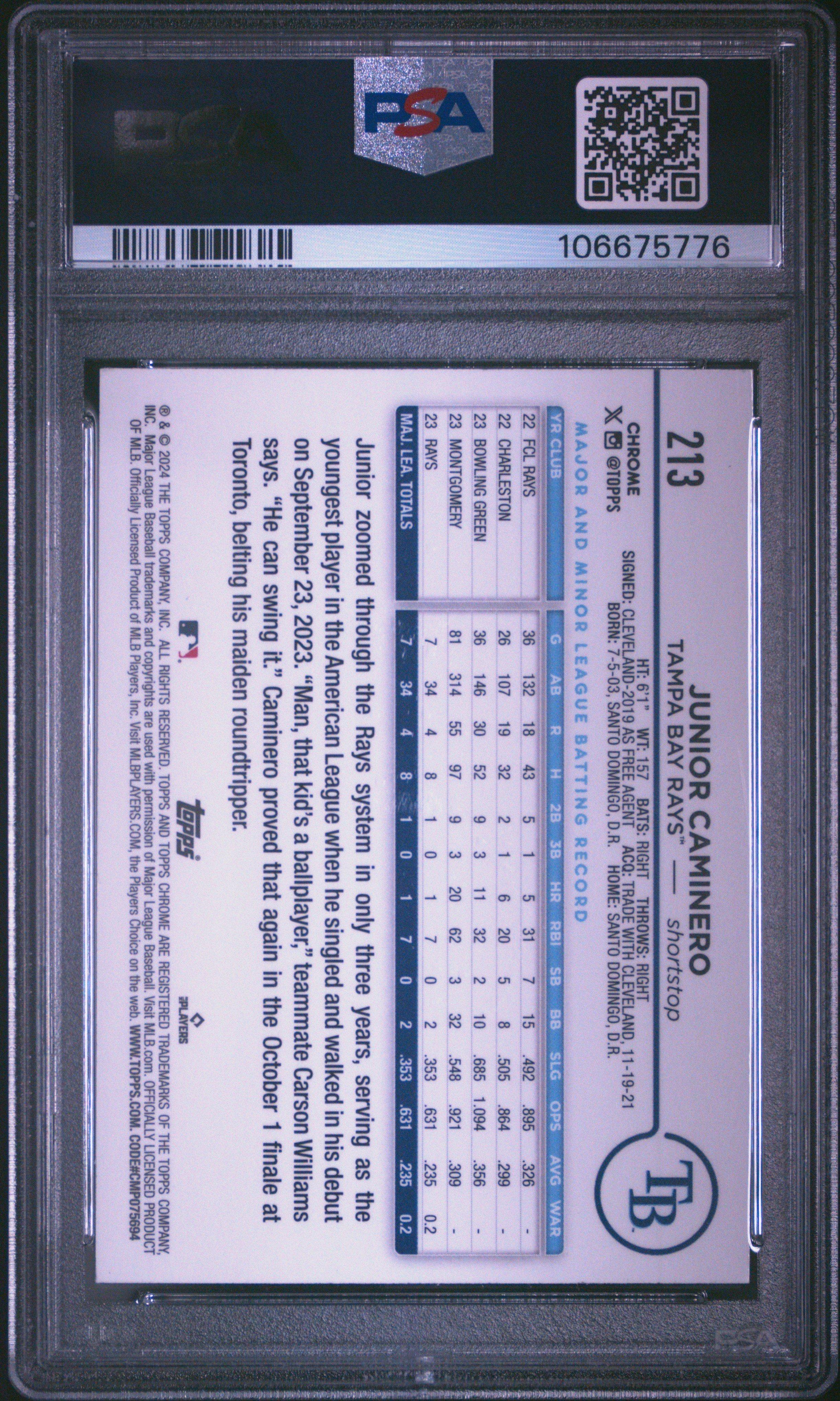 2024 Topps Chrome 213 Junior Caminero Sepia Refractor PSA 10