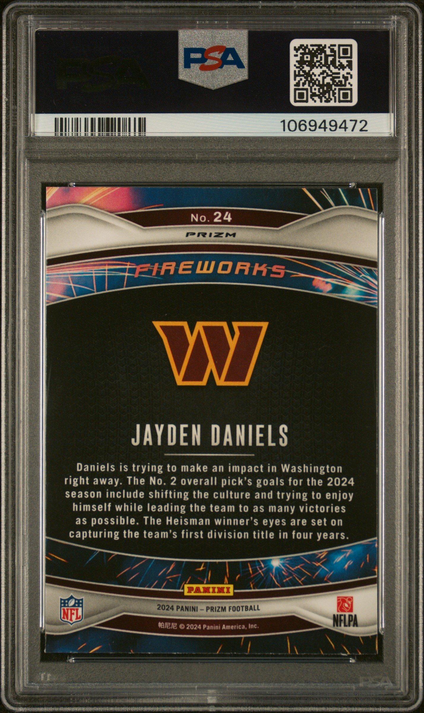 2024 Panini Prizm Fireworks 24 Jayden Daniels No Huddle PSA 10