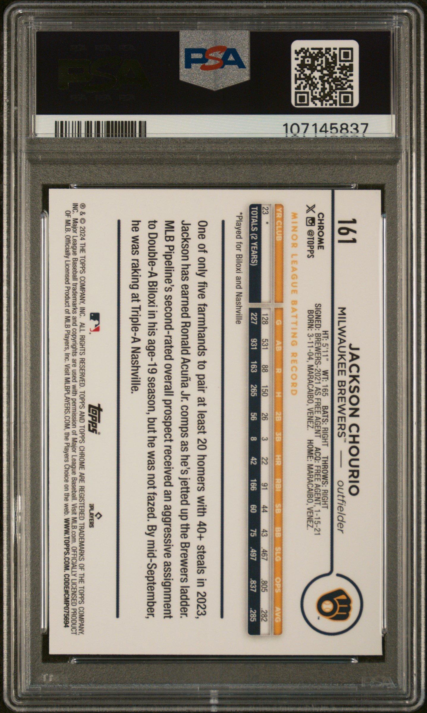 2024 Topps Chrome 161 Jackson Chourio Negative Refractor PSA 9