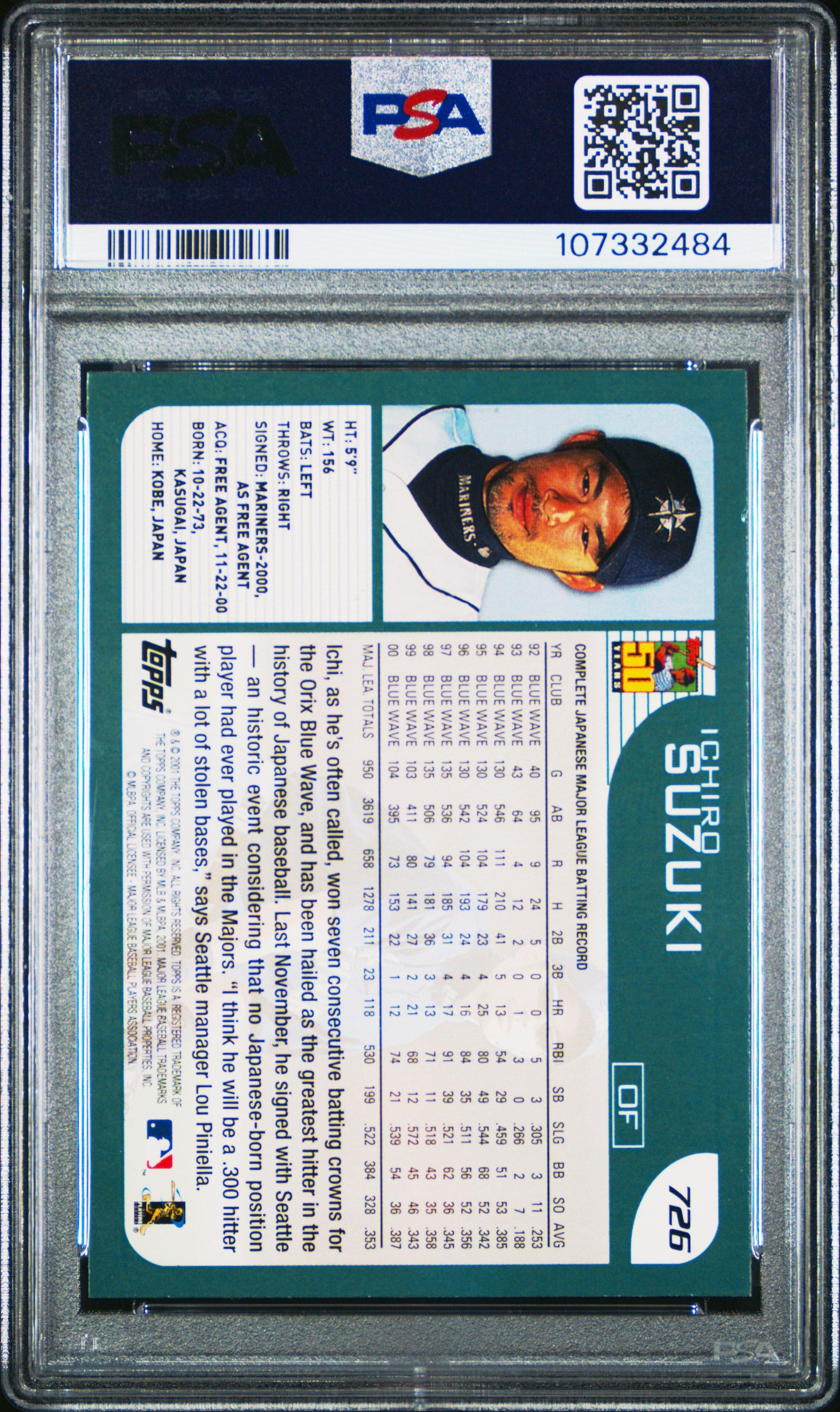 2001 Topps 726 Ichiro Suzuki PSA NM-MT+ 8.5
