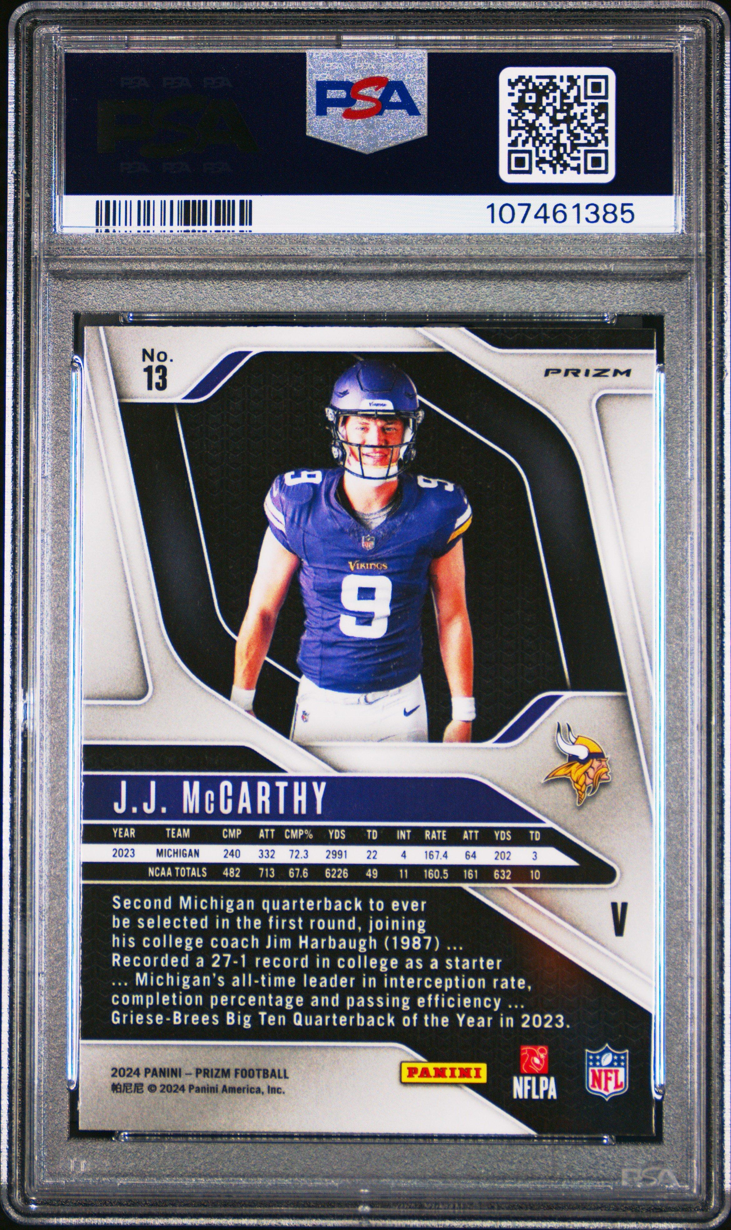 2024 Panini Prizm Rookie Variation 13 Jj Mccarthy No Huddle Prizm PSA 9