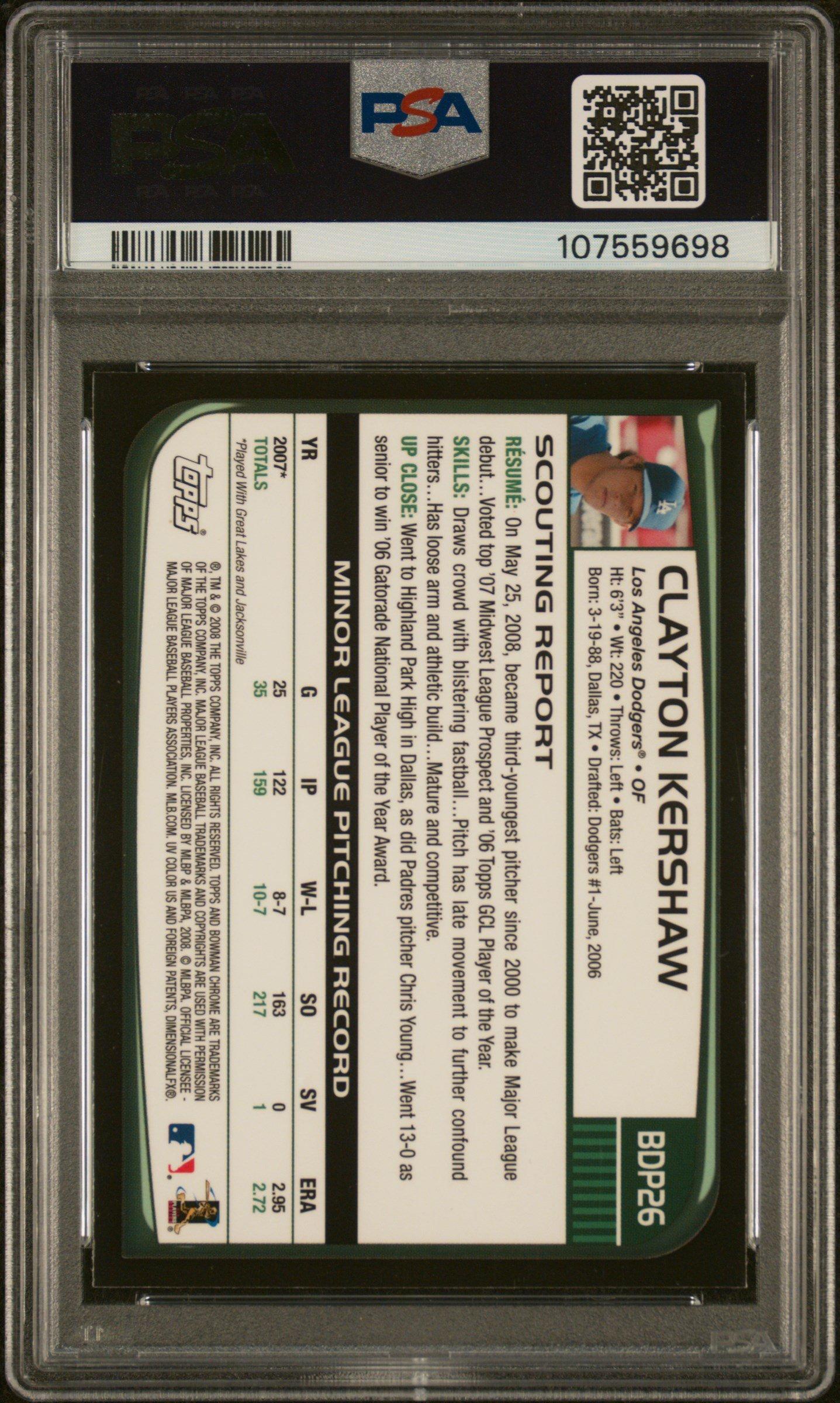 2008 Bowman Chrome Draft Bdp26 Clayton Kershaw PSA 9