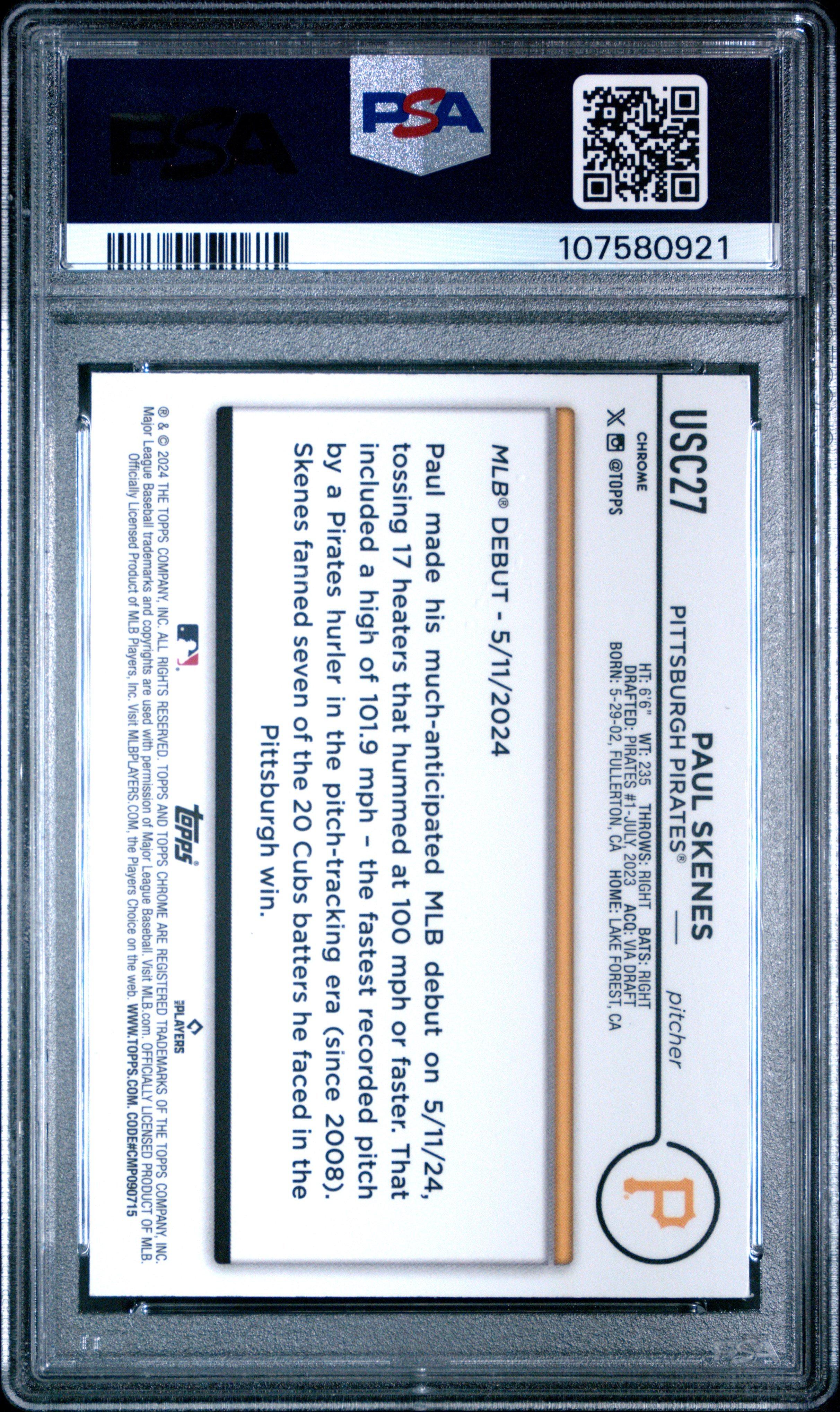 2024 Topps Chrome Update Usc27 Paul Skenes Raywave Refractor PSA 10