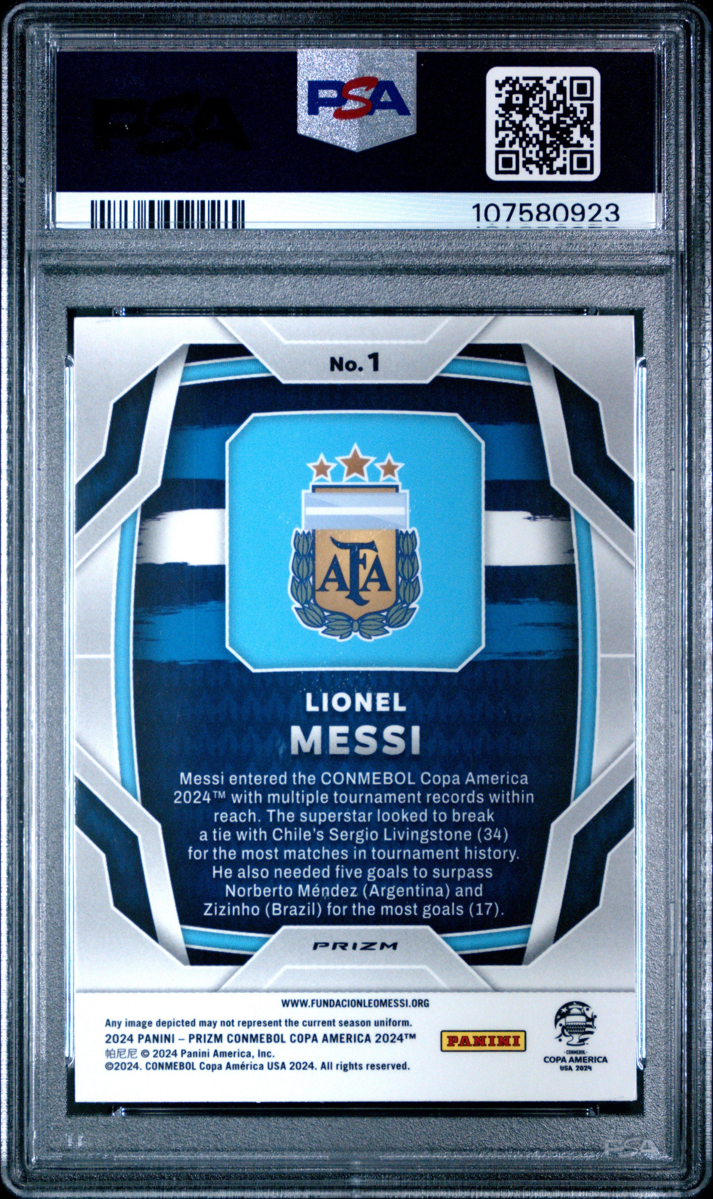 2024 Panini Prizm Conmebol Copa America 1 Lionel Messi Green Wave PSA 10