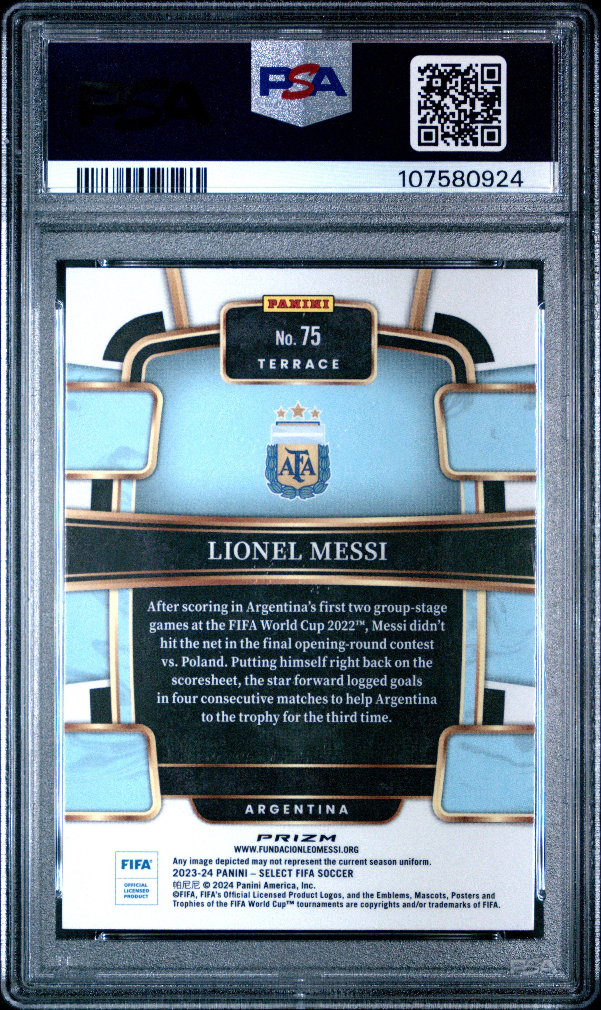 2023-24 Panini Select Fifa 75 Lionel Messi Purple Mojo PSA 10