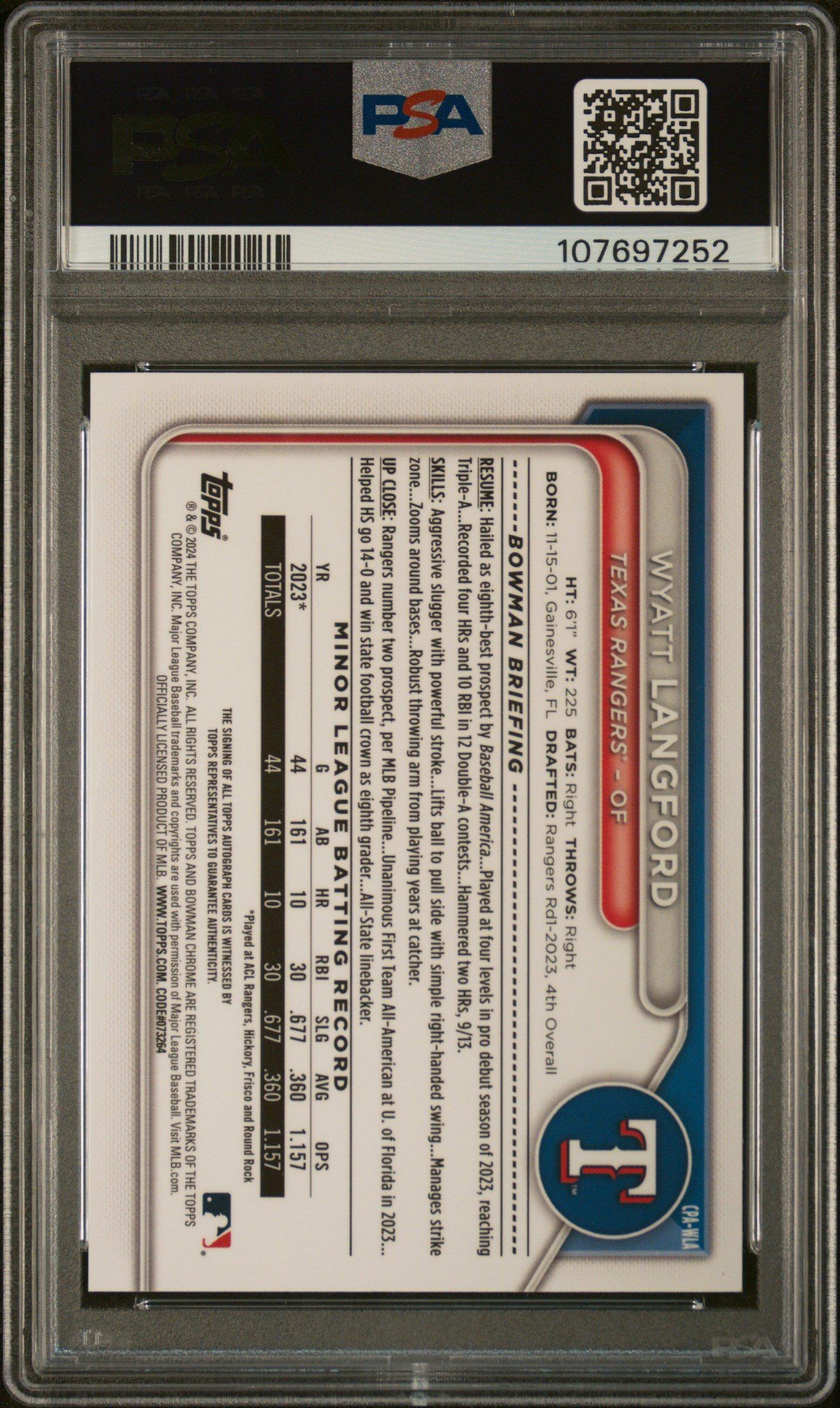 2024 Bowman Chrome Prospect Autographs Cpawla Wyatt Langford PSA 9