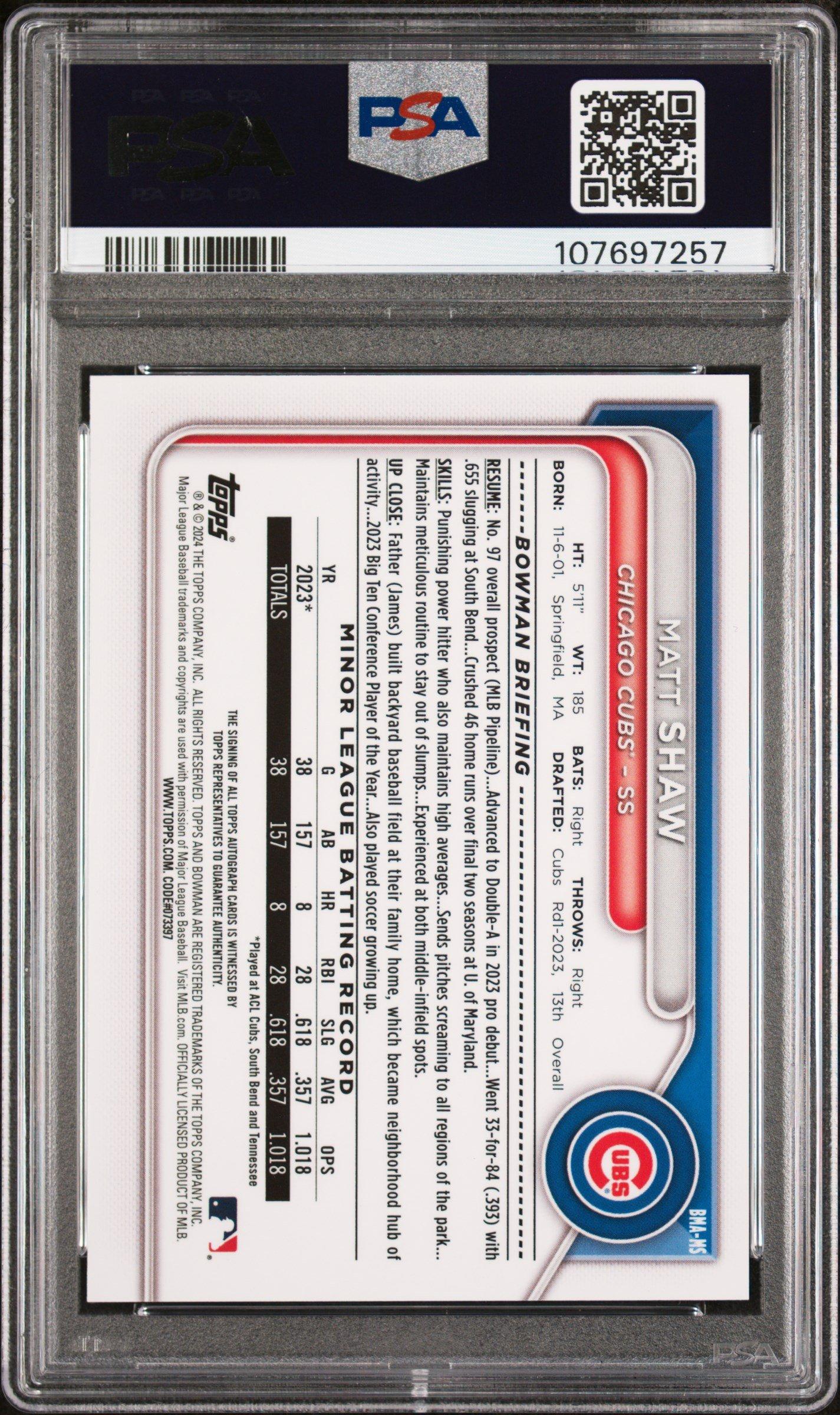 2024 Bowman Mega Box Chrome Bowman Prospect Mega Autographs Ms Matt Shaw PSA 10