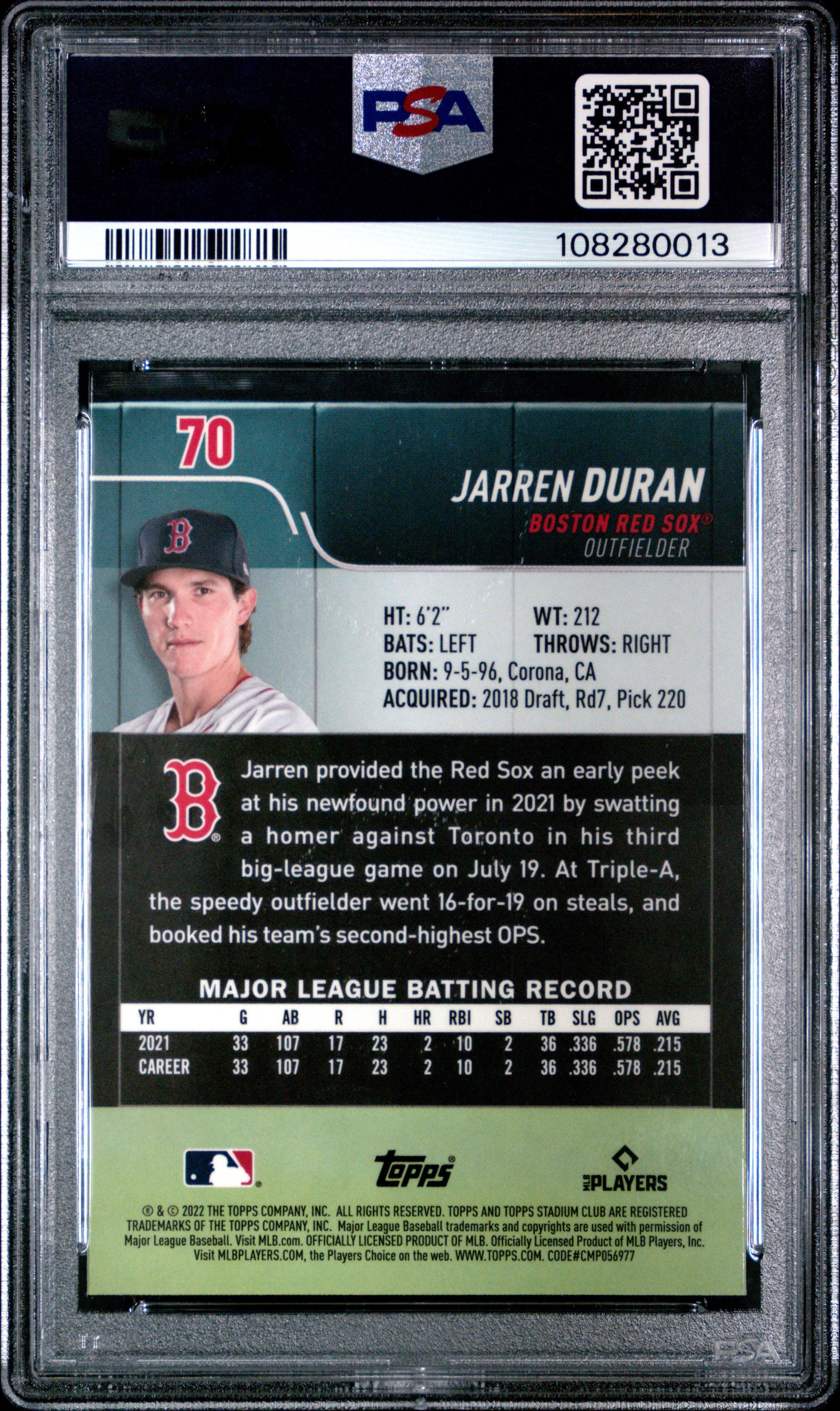 2022 Topps Stadium Club Chrome 70 Jarren Duran PSA 10