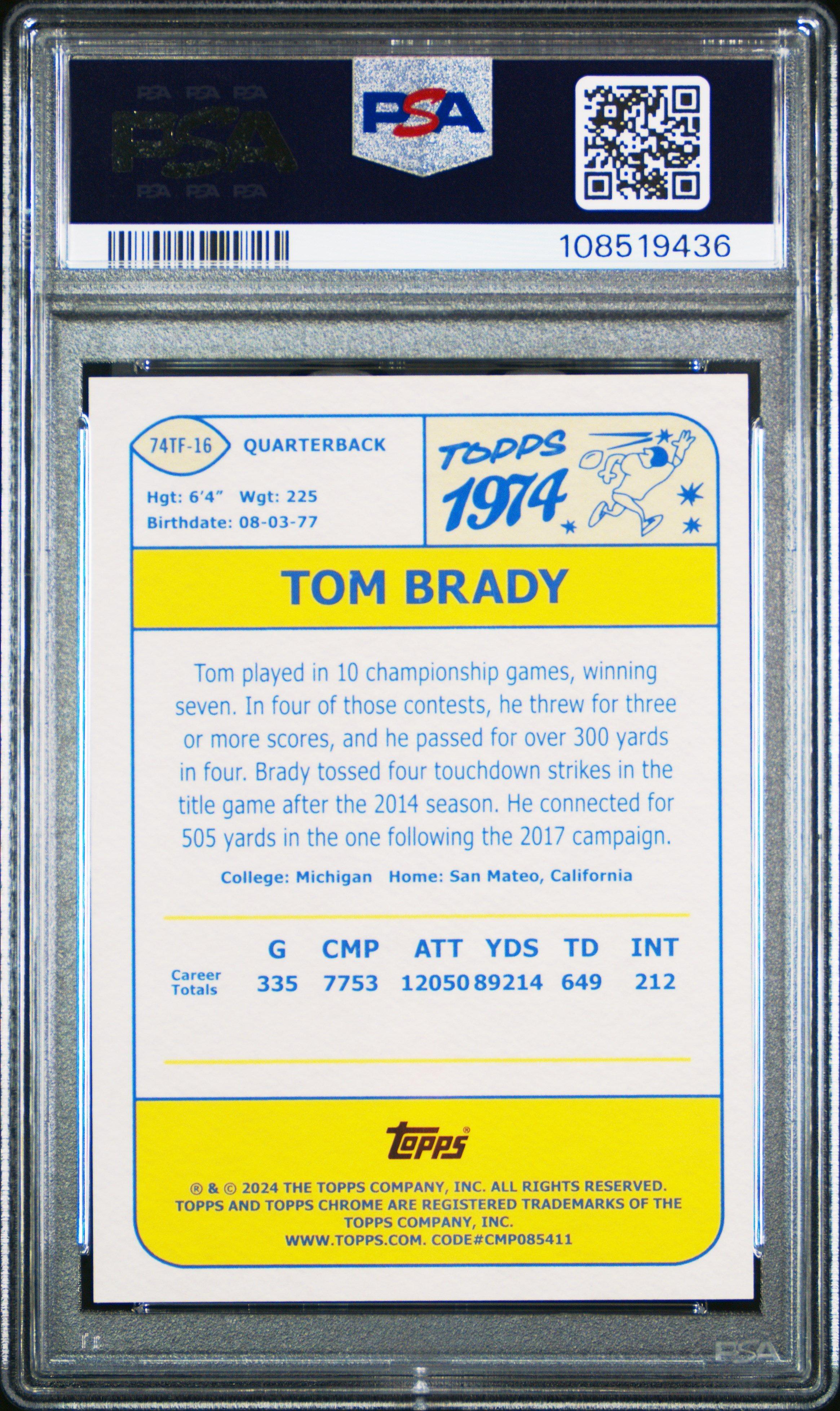 2024 Topps Chrome 1974 Topps Football 74tf16 Tom Brady Gold Refractor PSA 10