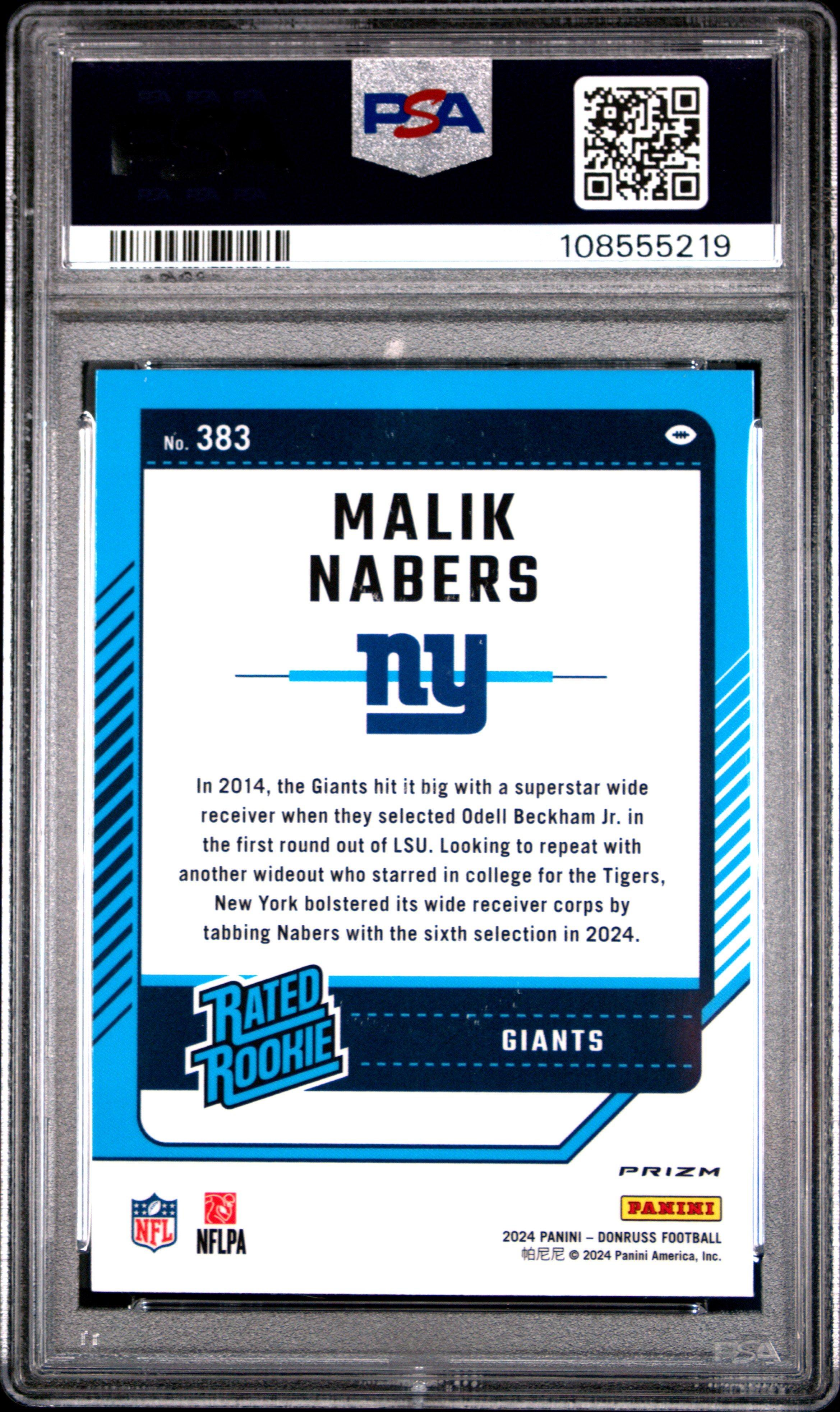 2024 Panini Donruss 383 Malik Nabers Optic Preview-red & Green PSA 10