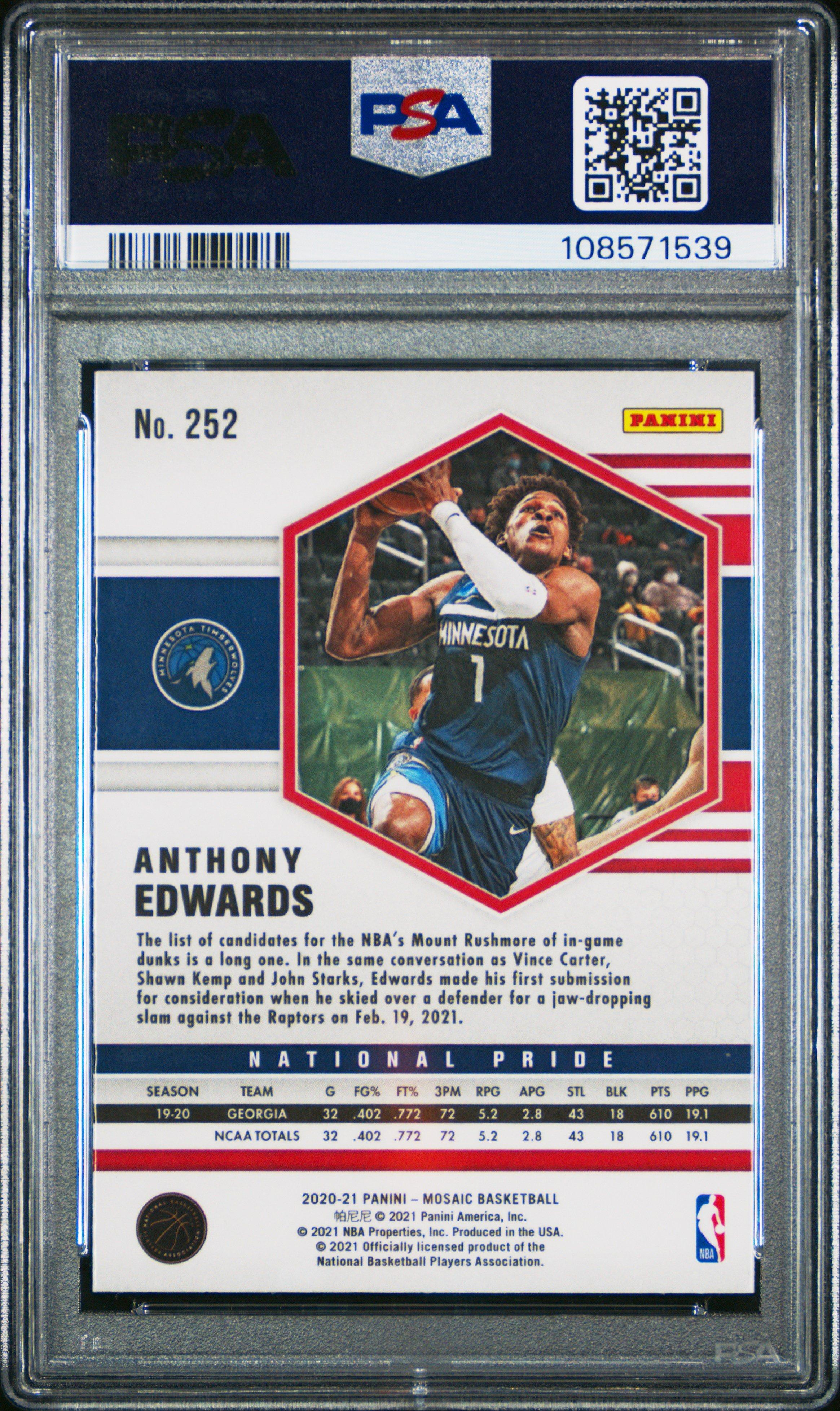 2020 Panini Mosaic 252 Anthony Edwards PSA 10