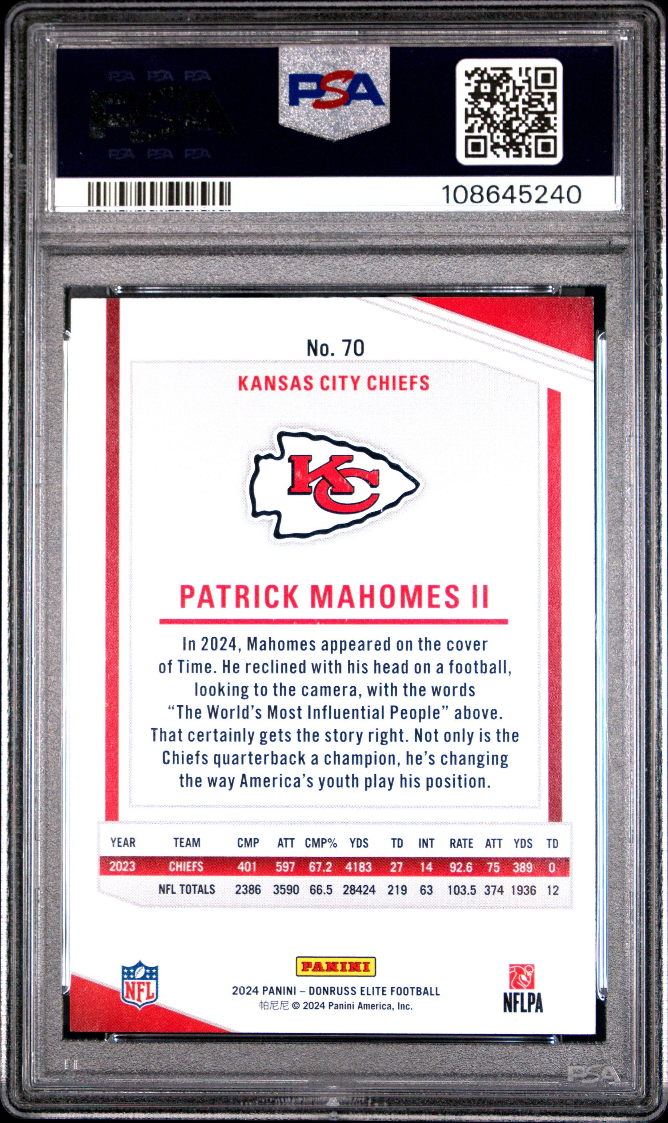 2024 Panini Donruss Elite 70 Patrick Mahomes Ii Status Sparkle PSA 9