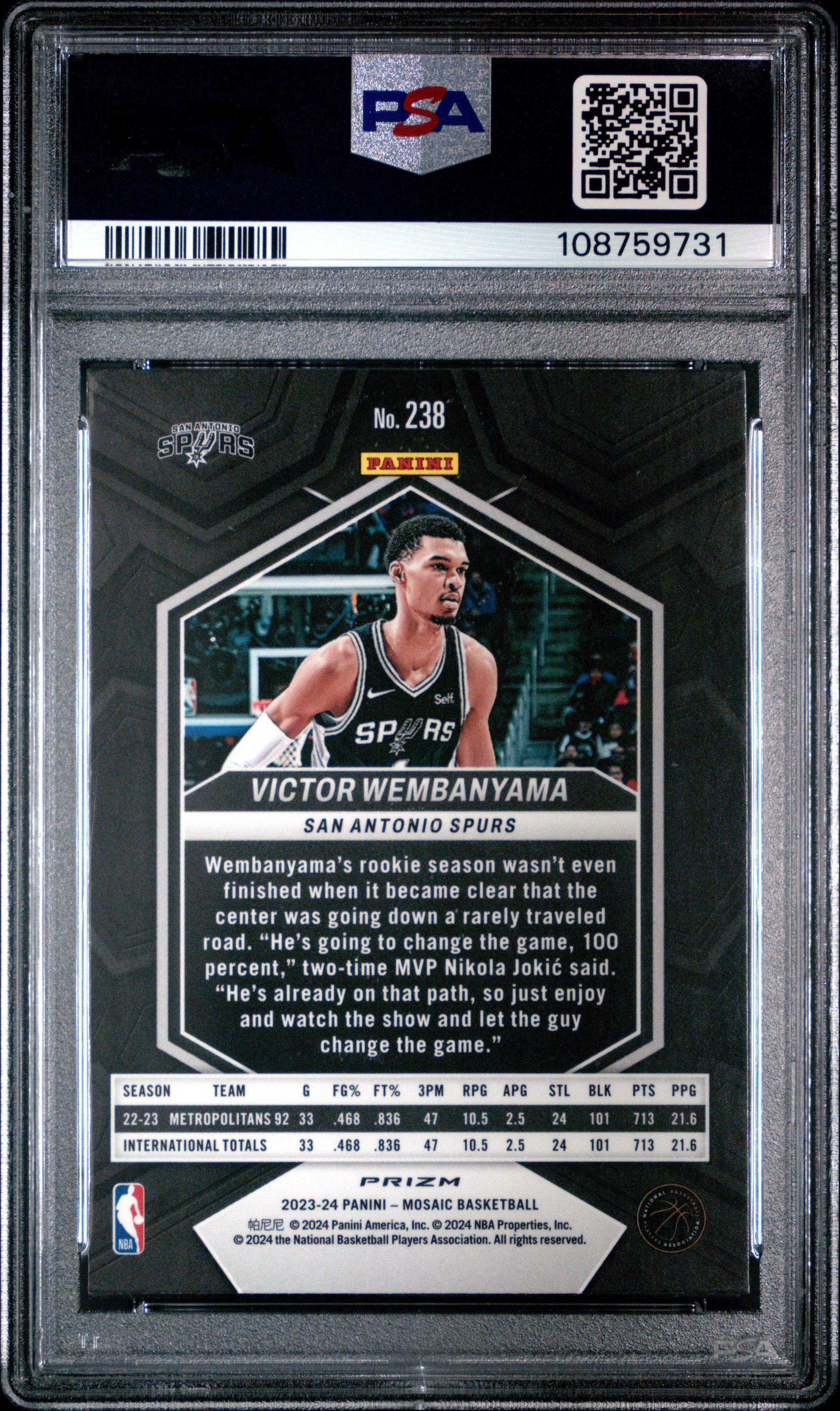 2023 Panini Mosaic 238 Victor Wembanyama Reactive Blue PSA 10