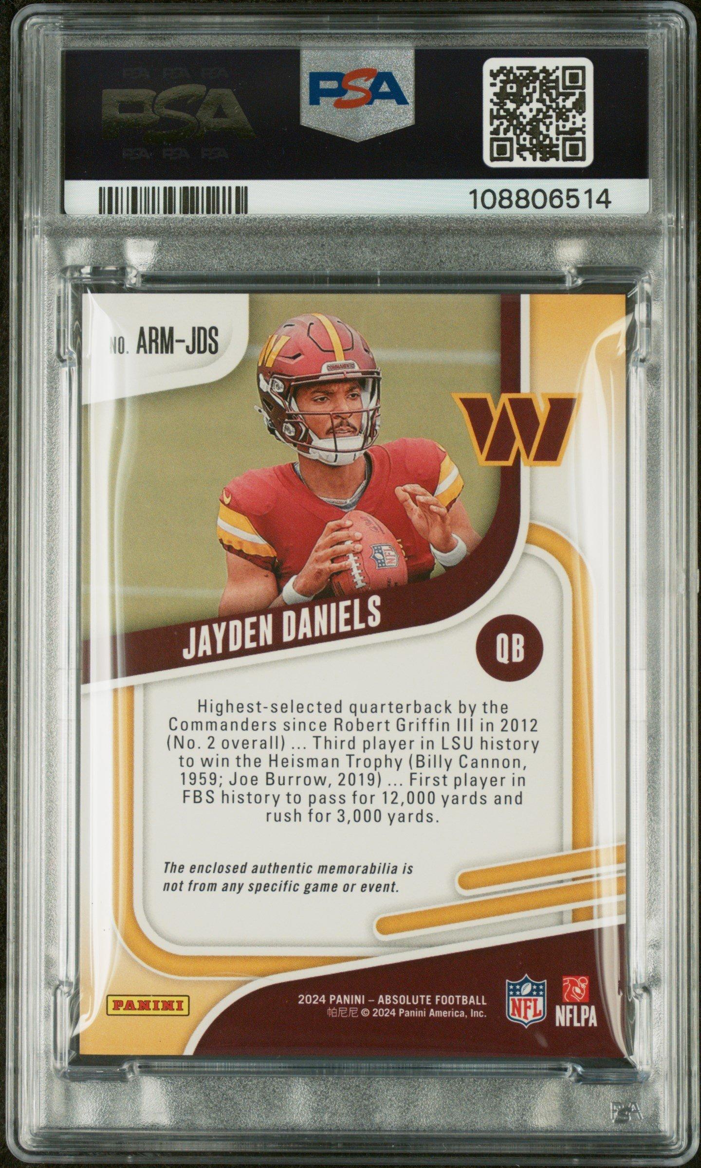 2024 Panini Absolute Absolute Rookie Materials Armjds Jayden Daniels PSA 8