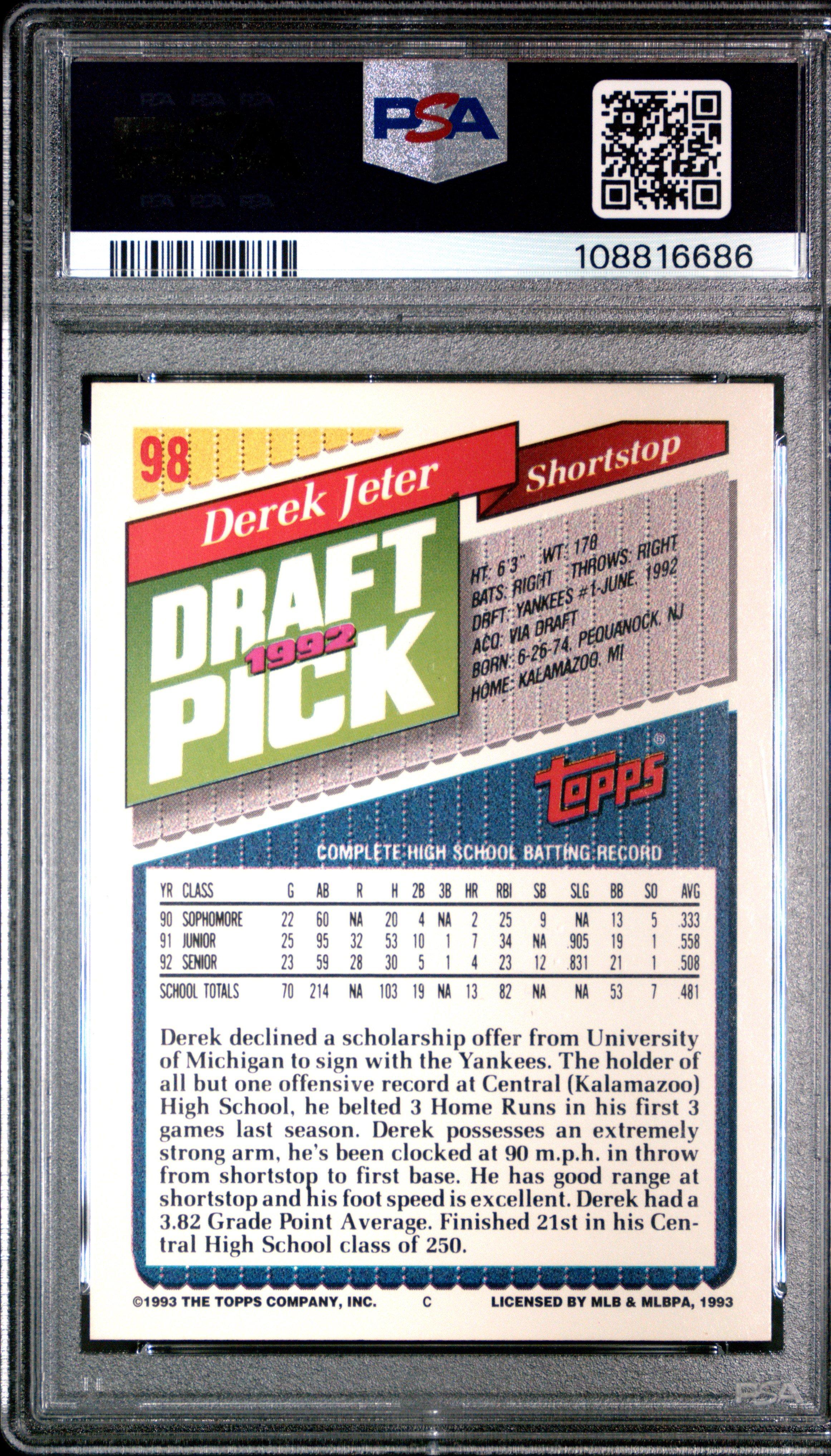 1993 Topps Gold 98 Derek Jeter PSA