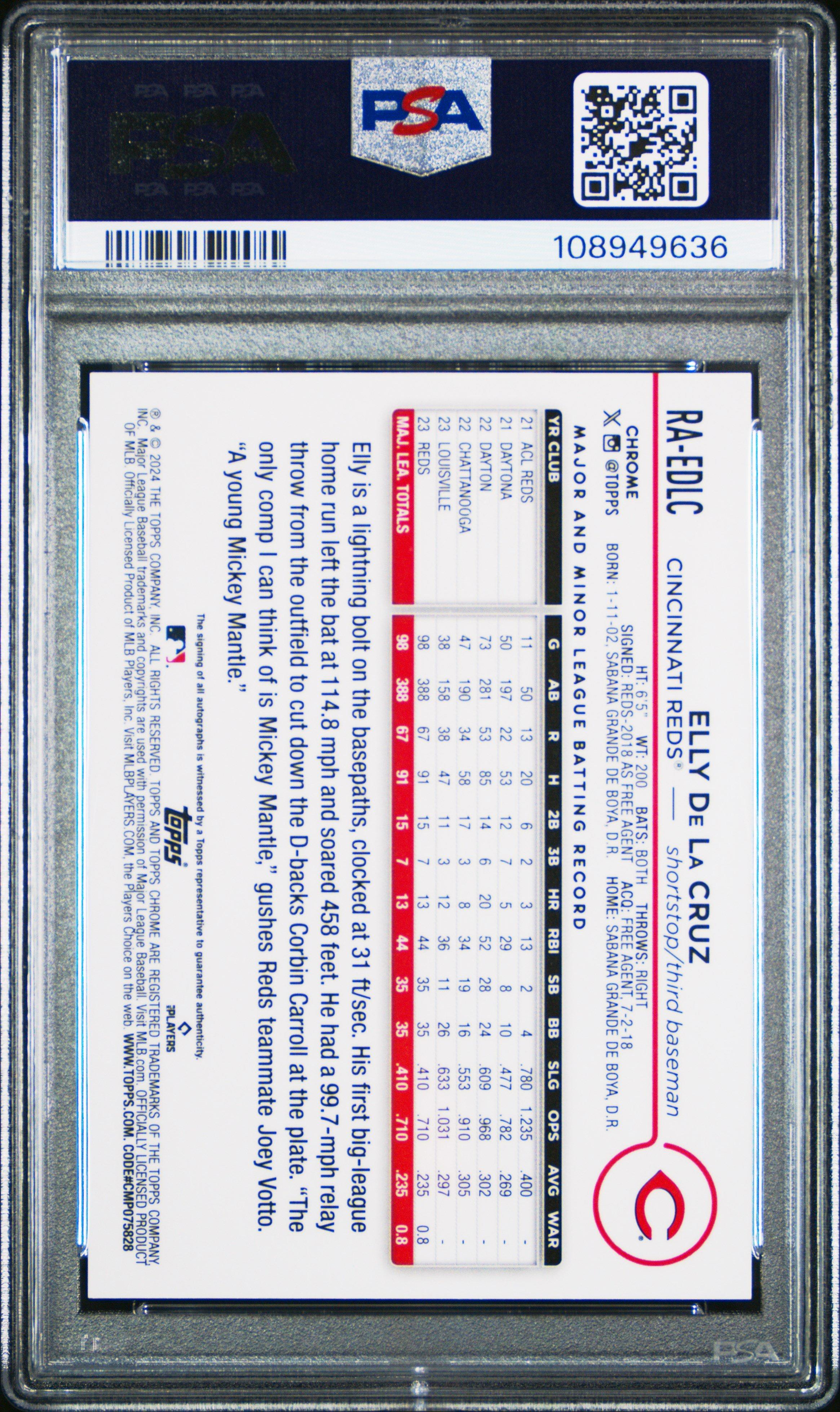 2024 Topps Chrome Rookie Autographs Raedlc Elly De La Cruz Purple Refractor PSA 9