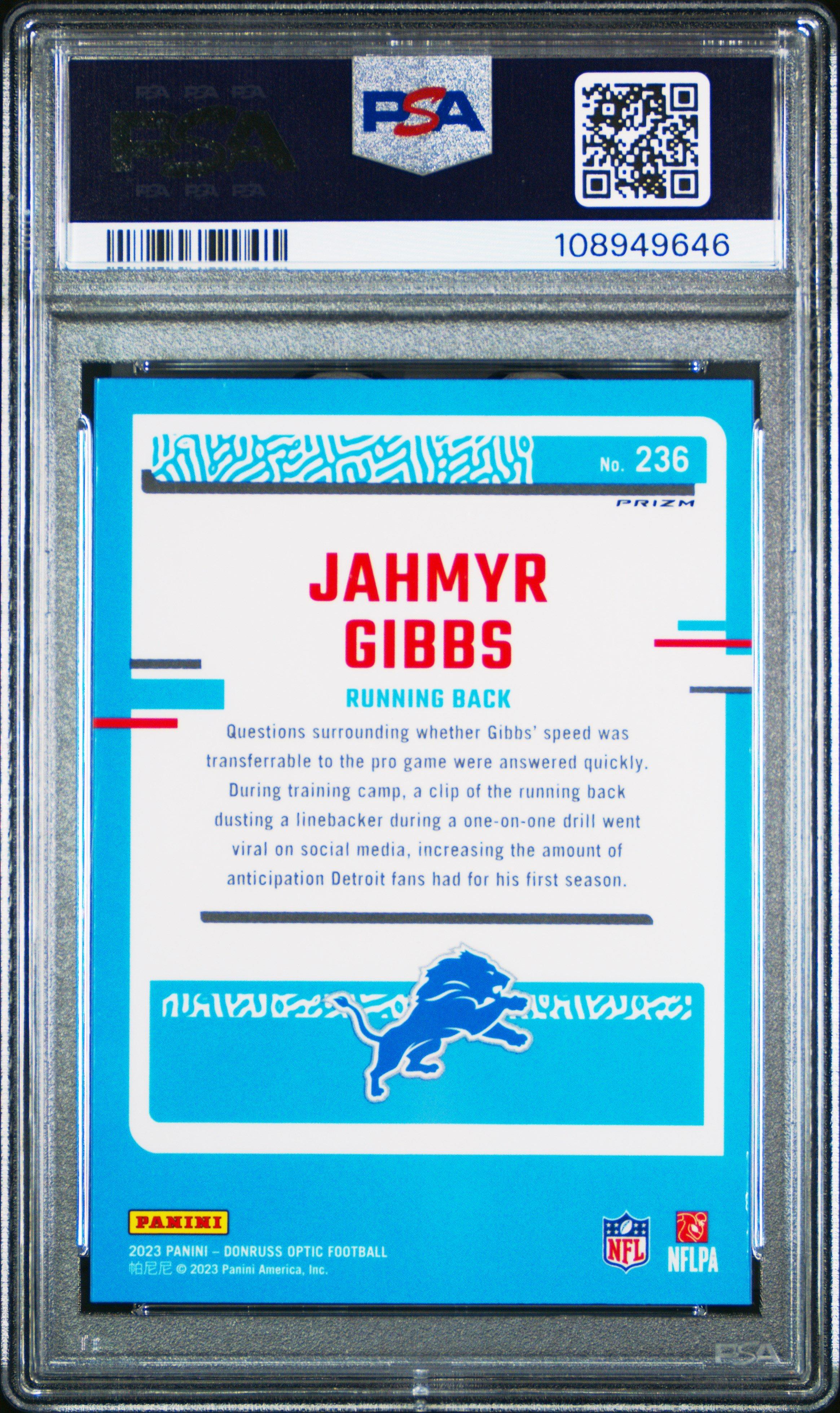 2023 Panini Donruss Optic 236 Jahmyr Gibbs Hyper PSA