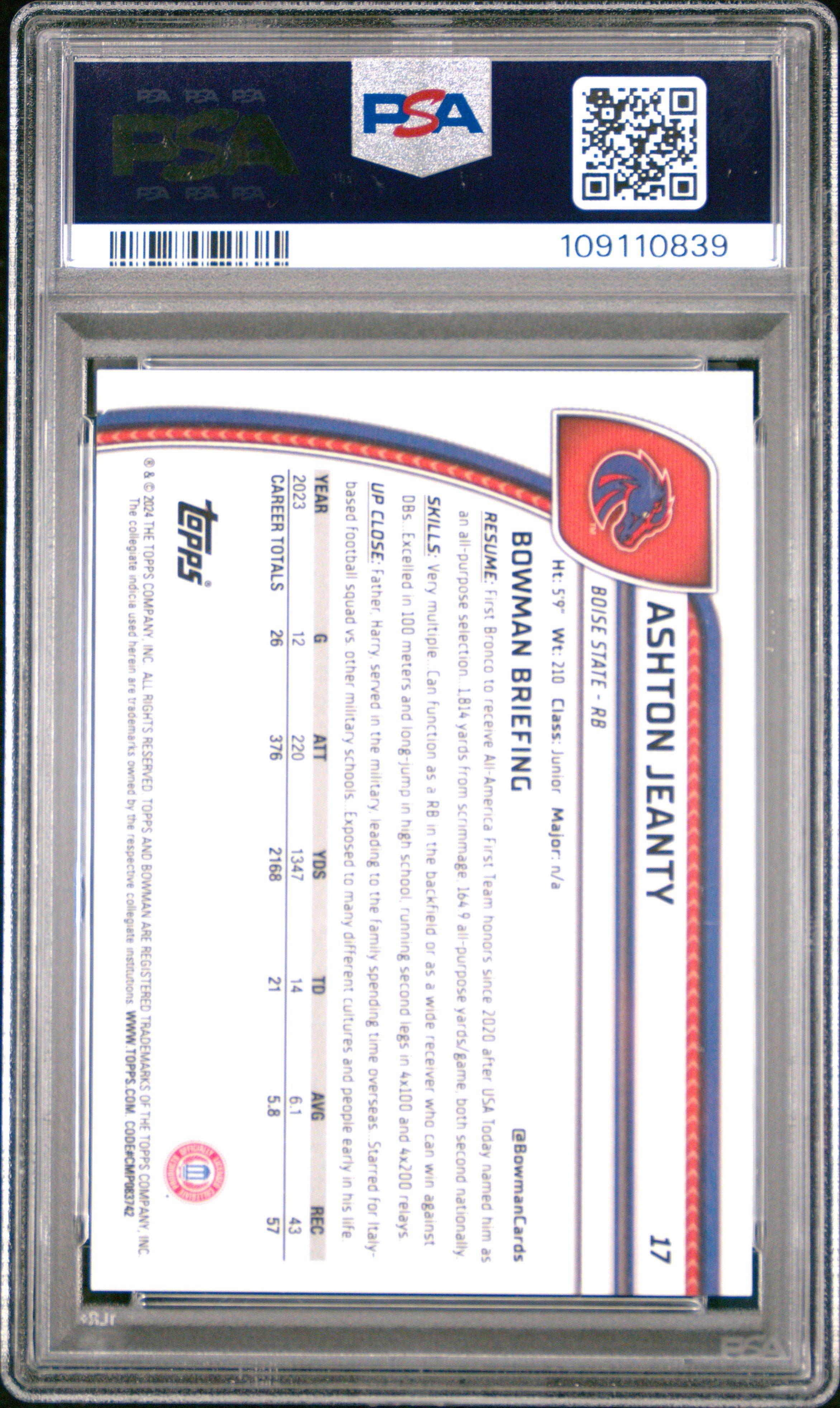 2024 Bowman University Chrome 17 Ashton Jeanty Purple Refractor PSA 10