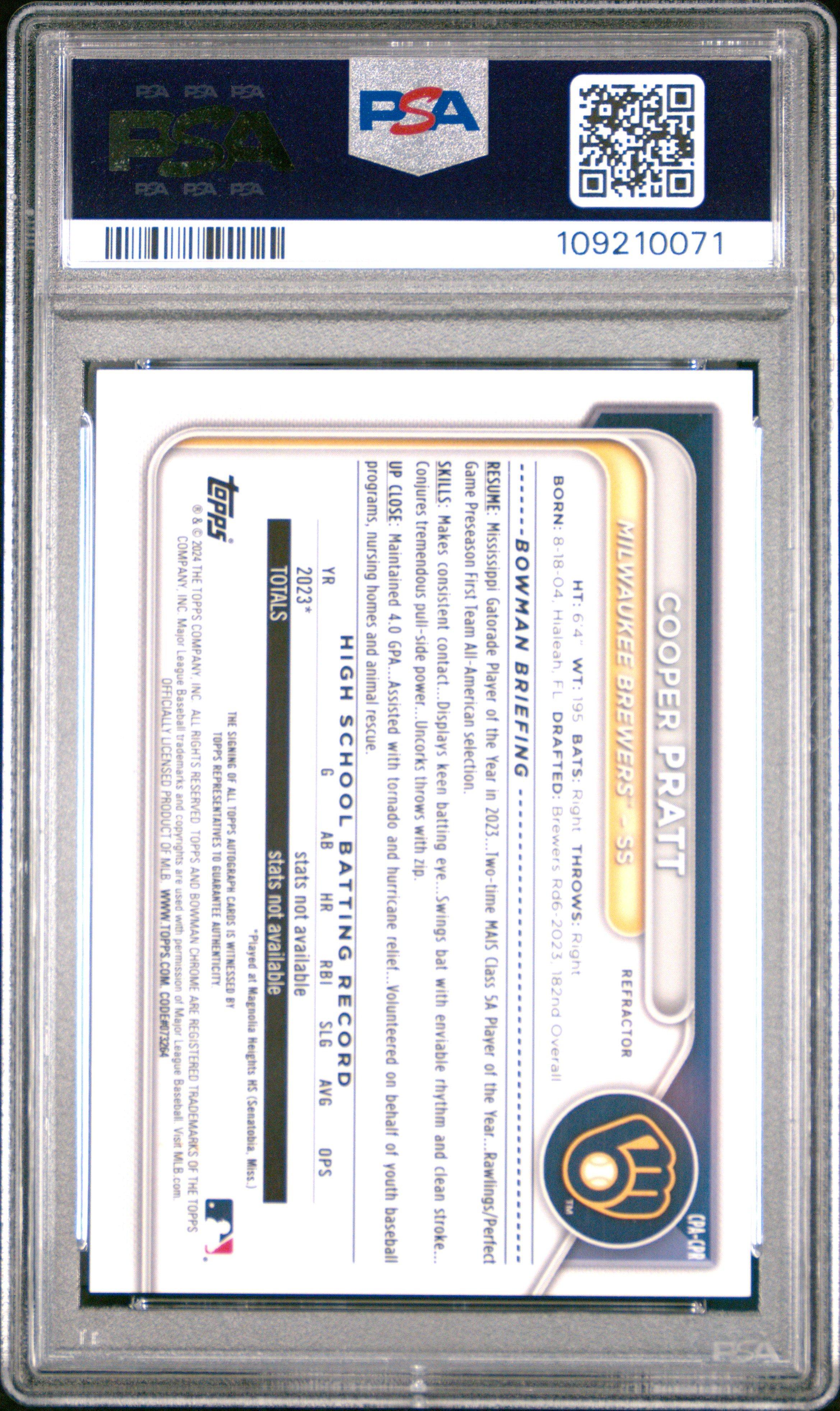 2024 Bowman Chrome Prospect Autographs Cpacpr Cooper Pratt Refractor PSA