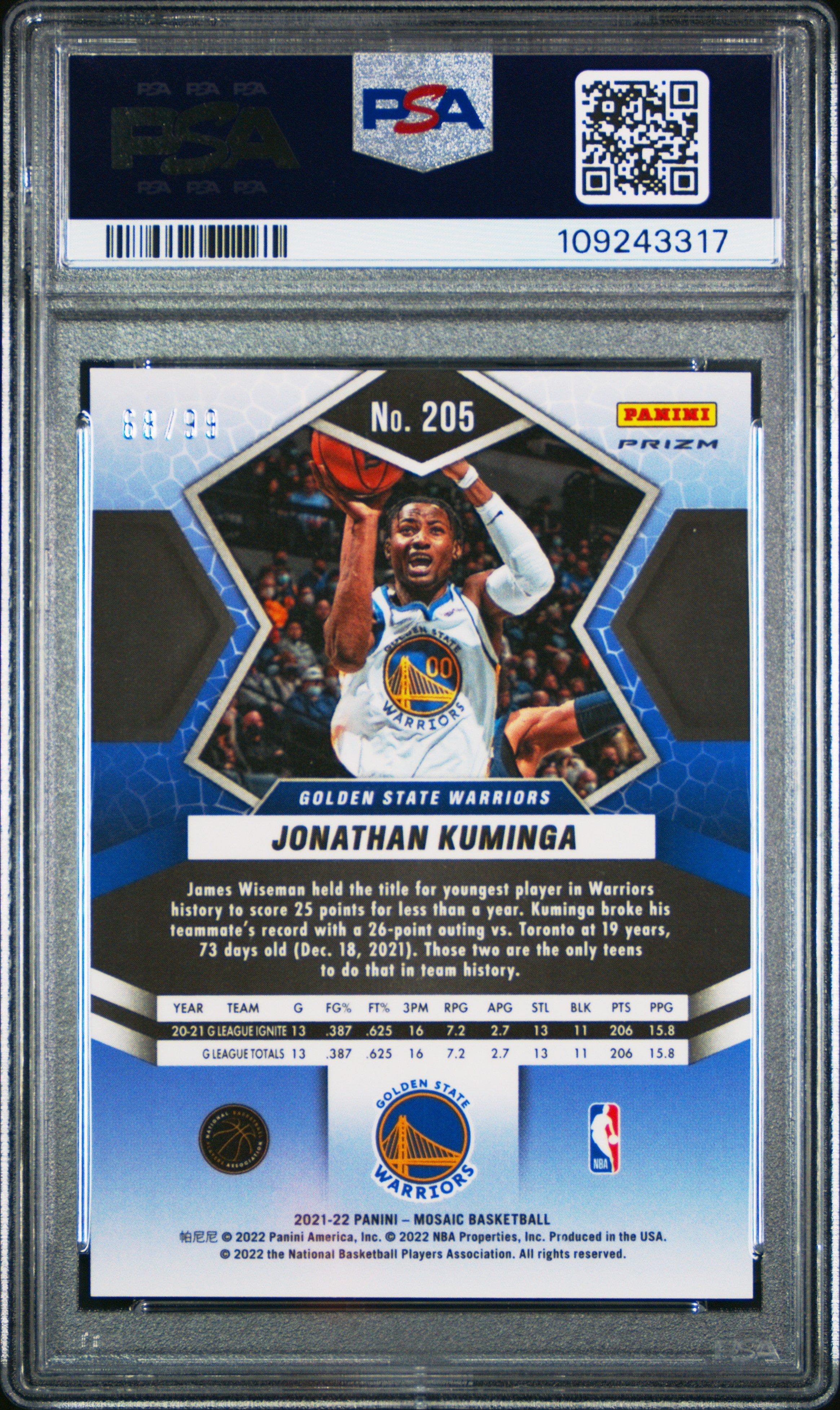 2021 Panini Mosaic 205 Jonathan Kuminga Blue Mosaic PSA 10