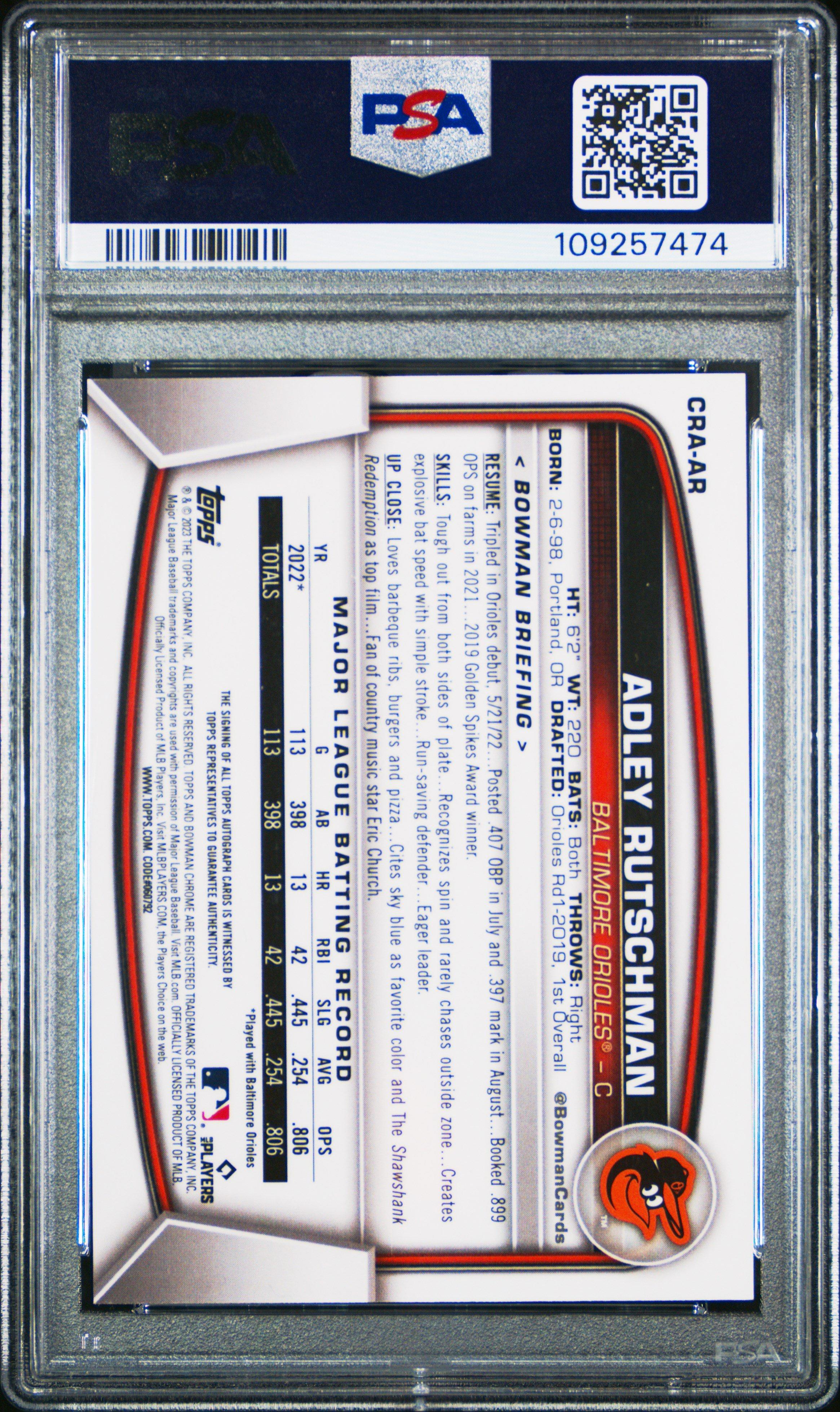 2023 Bowman Chrome Rookie Autographs Craar Adley Rutschman Gold Refractor PSA 9