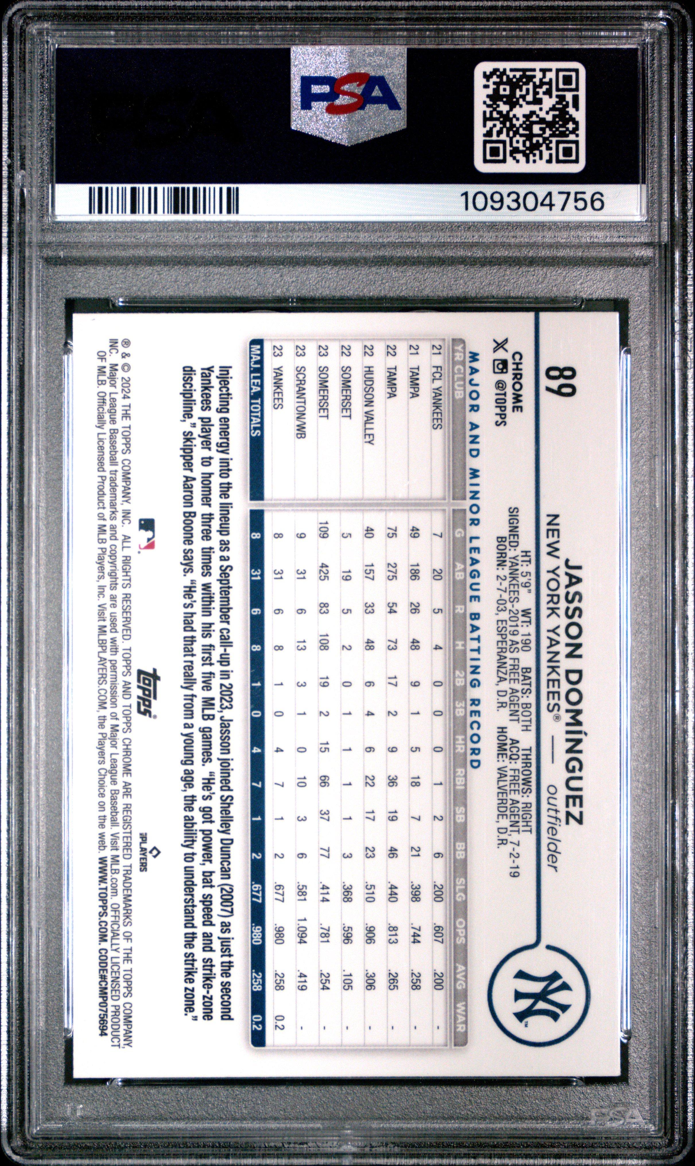 2024 Topps Chrome 89 Jasson Dominguez Refractor PSA 10