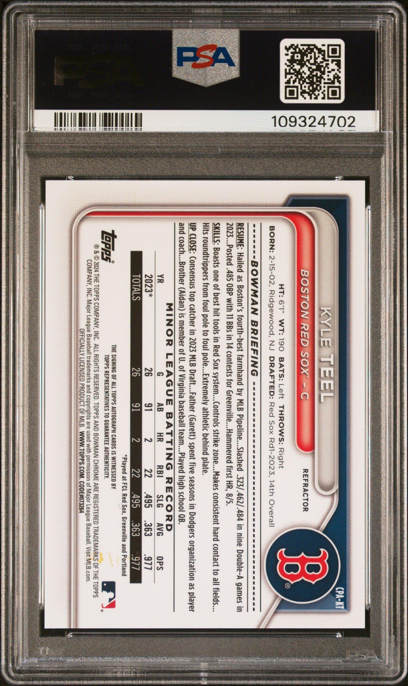 2024 Bowman Chrome Prospect Autographs Cpakt Kyle Teel Refractor PSA 9