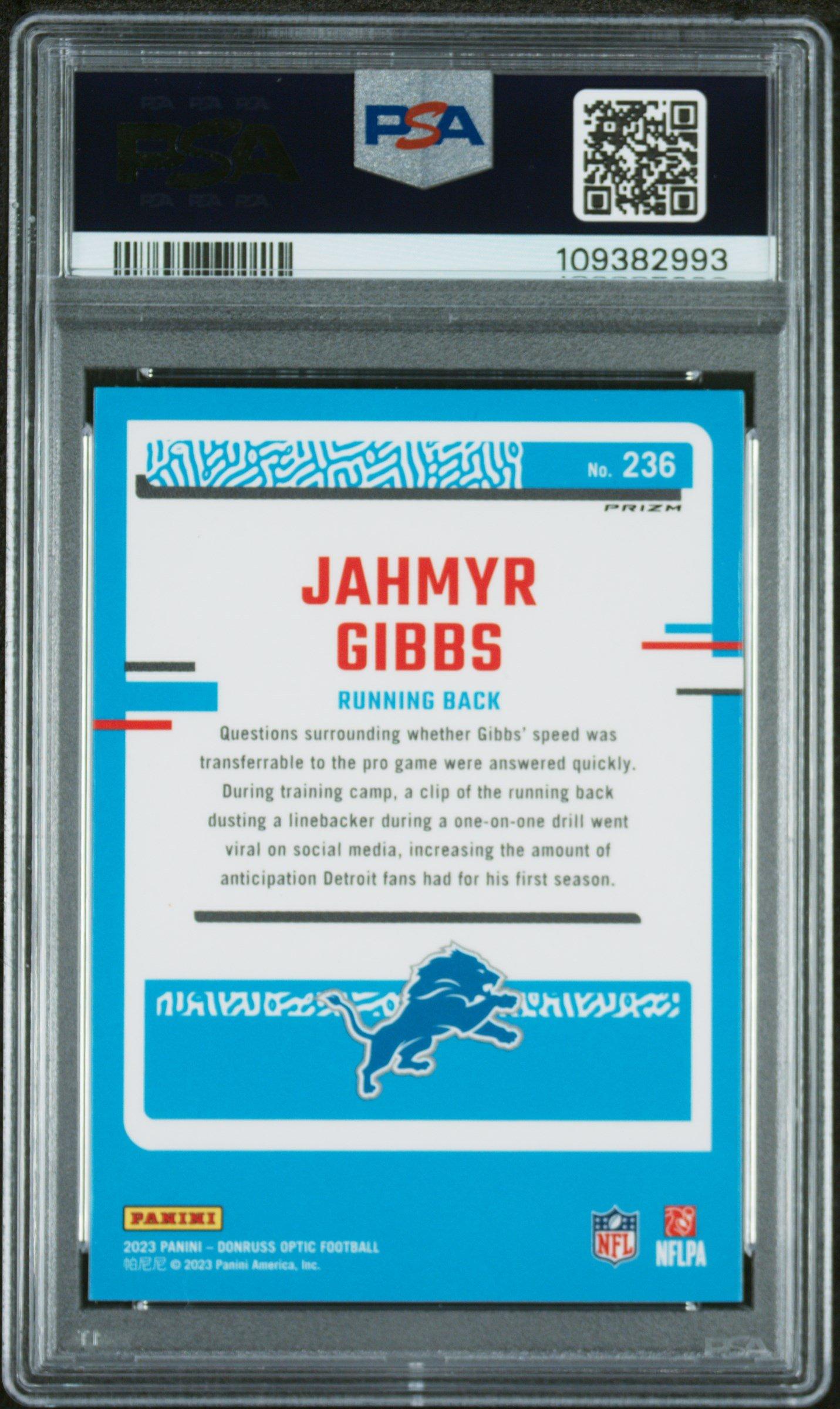 2023 Panini Donruss Optic 236 Jahmyr Gibbs Blue Glitter PSA 9